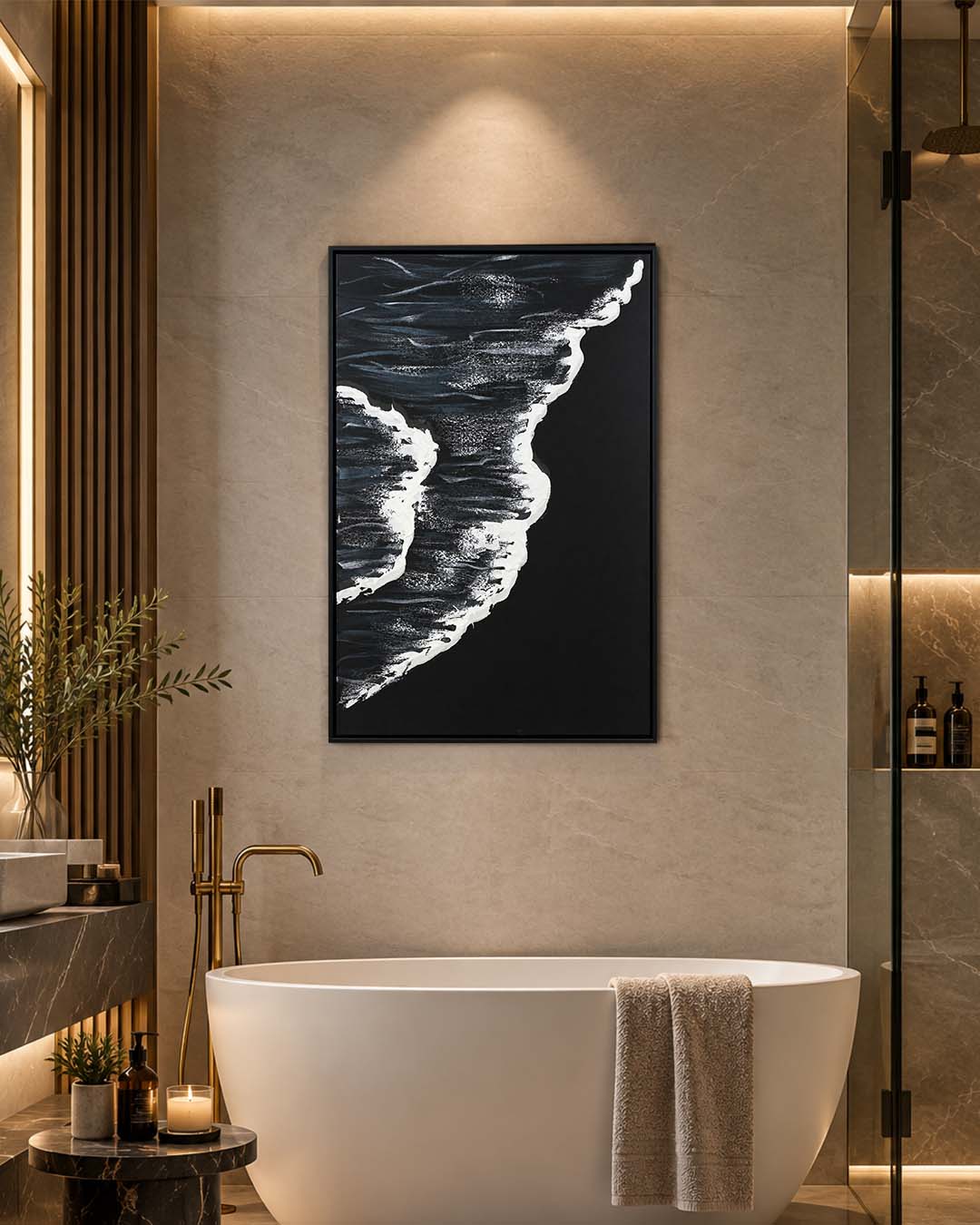 A Quiet Whisper black and white wave painting in a bathroom