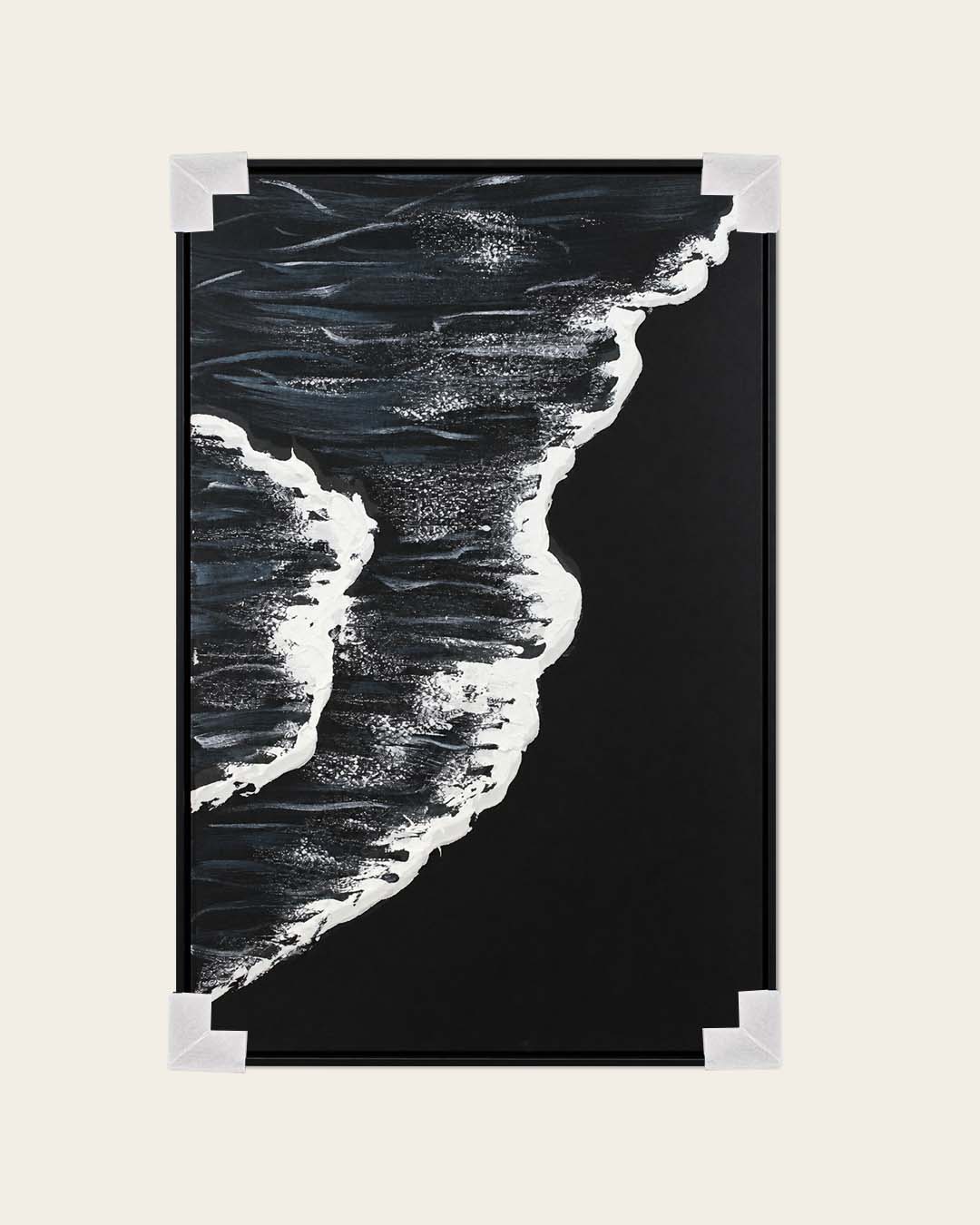 A Quiet Whisper black and white wave painting with corner protectors for delivery