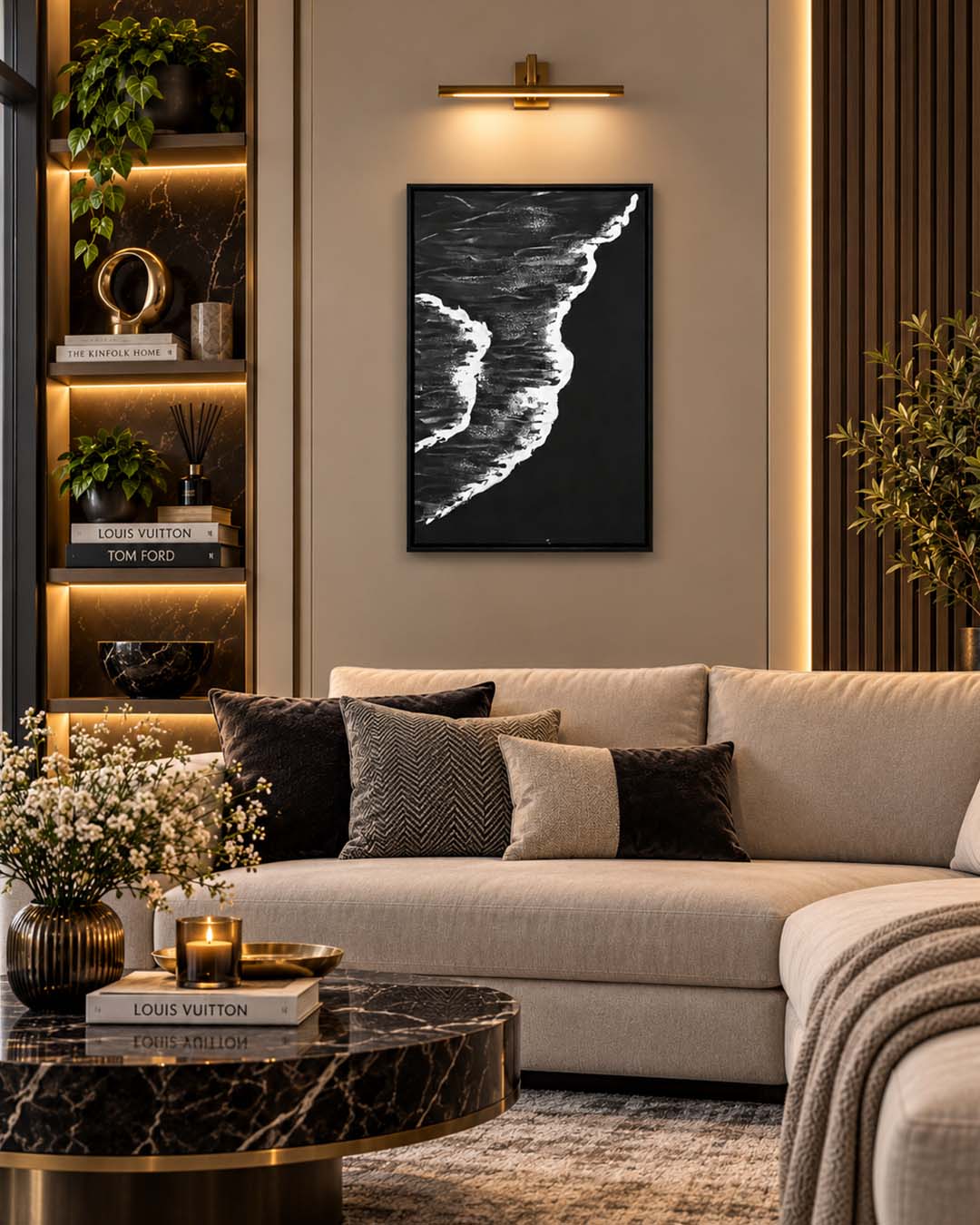 A Quiet Whisper black and white wave painting above a sofa in a living room