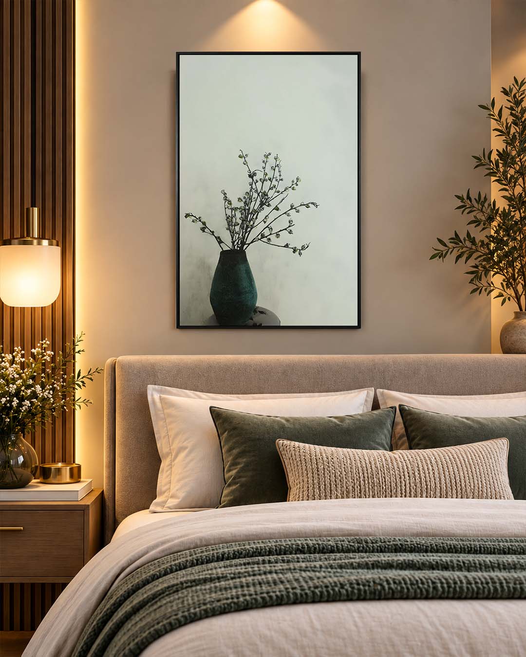A Touch of Teal minimalist botanical wall art above a bed in a bedroom