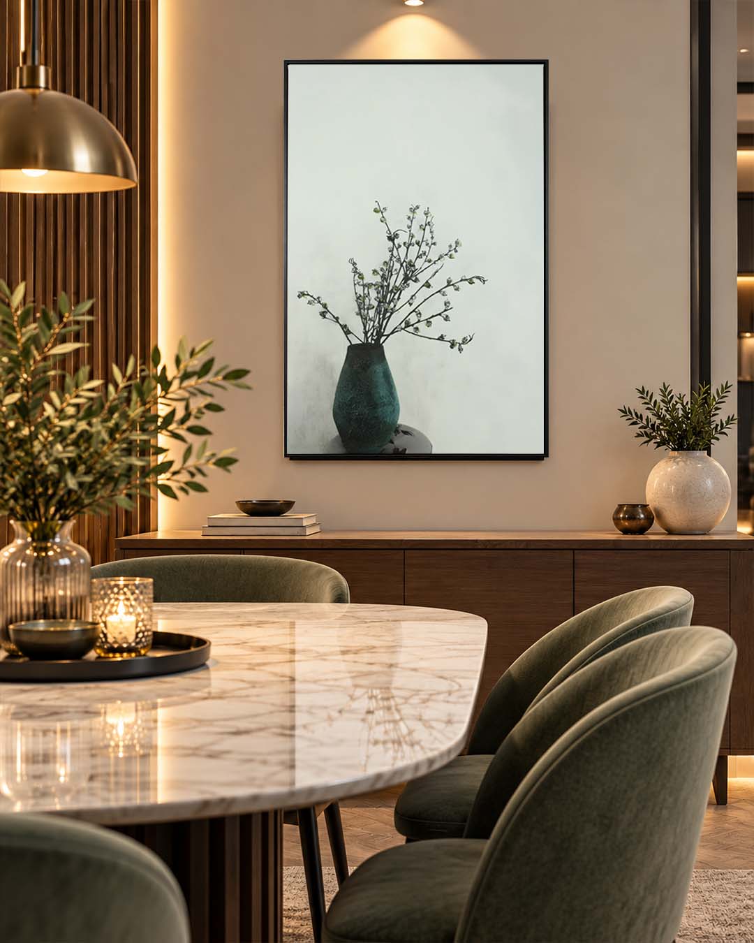 A Touch of Teal minimalist botanical wall art above a dining table