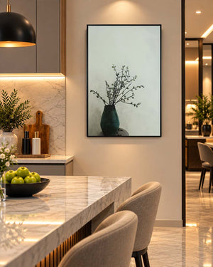 A Touch of Teal minimalist botanical wall art in a kitchen above the counter