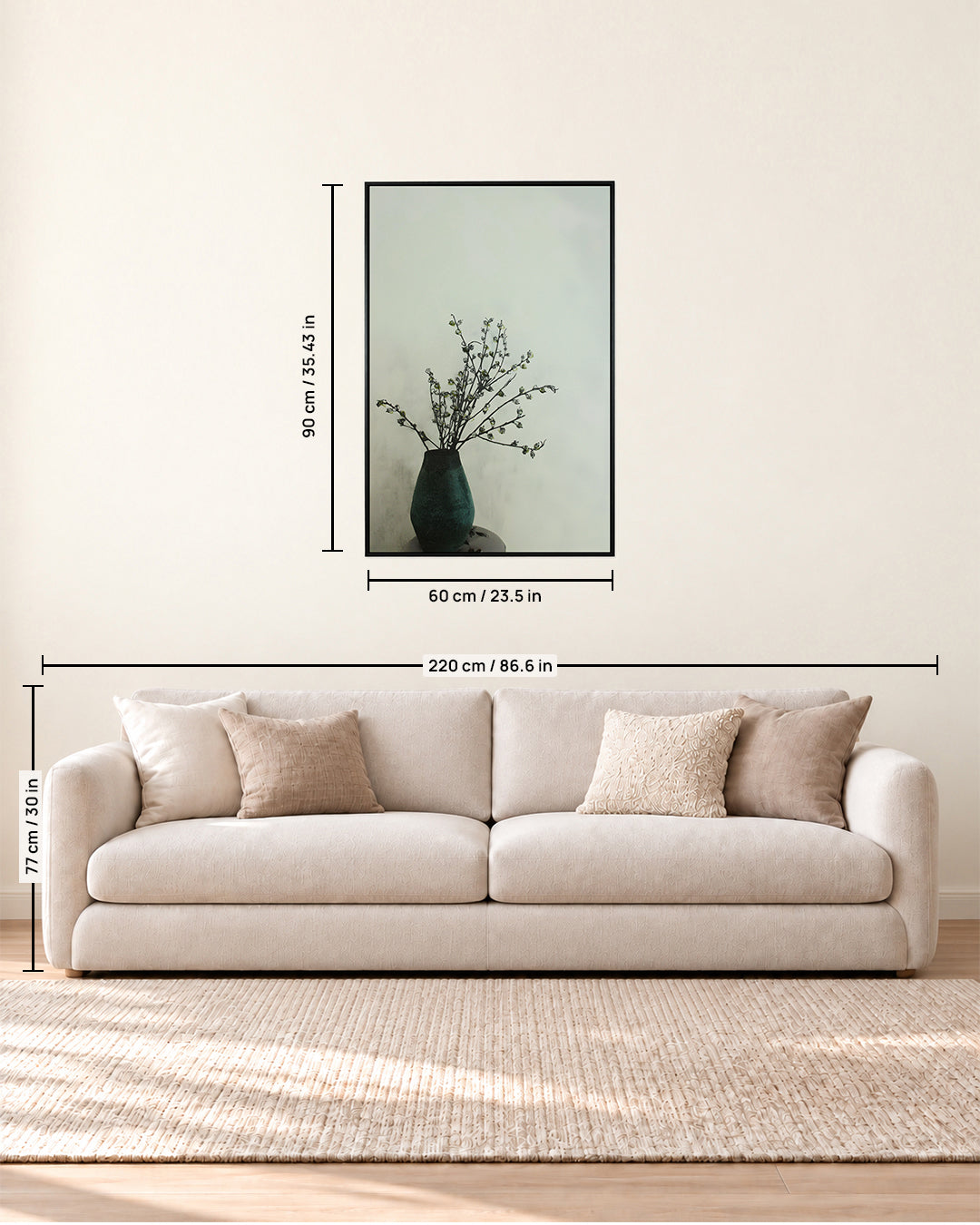 A Touch of Teal minimalist botanical wall art size guide above a sofa