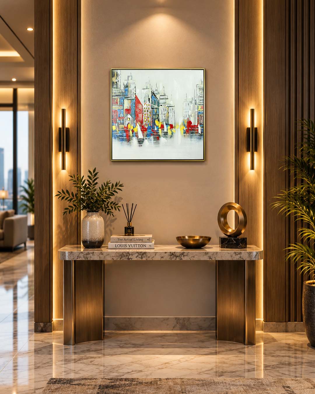Across the Canal Venice cityscape wood and metal wall art in a hallway above a console