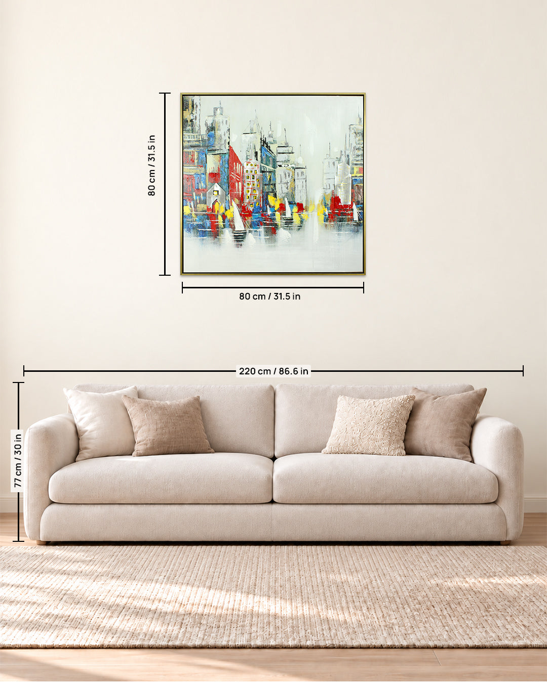 Across the Canal Venice cityscape wood and metal wall art size guide above a sofa