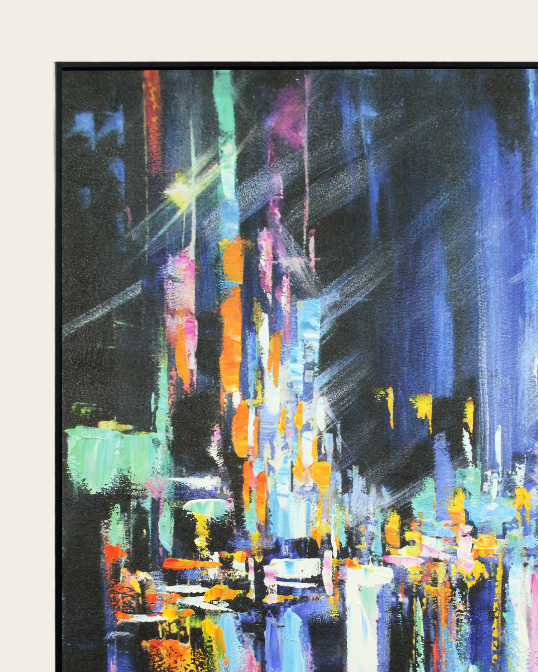 After Hours abstract cityscape painting black frame corner detail