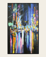 After Hours abstract cityscape painting front view in a black frame