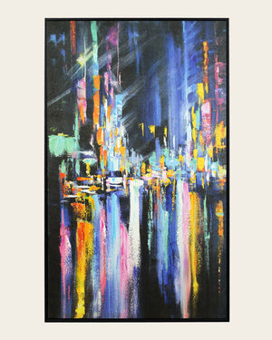 After Hours abstract cityscape painting front view in a black frame