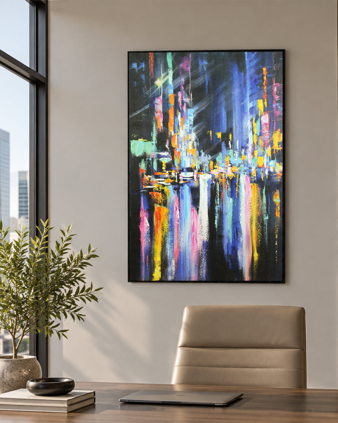 After Hours abstract cityscape painting in an office beside the desk