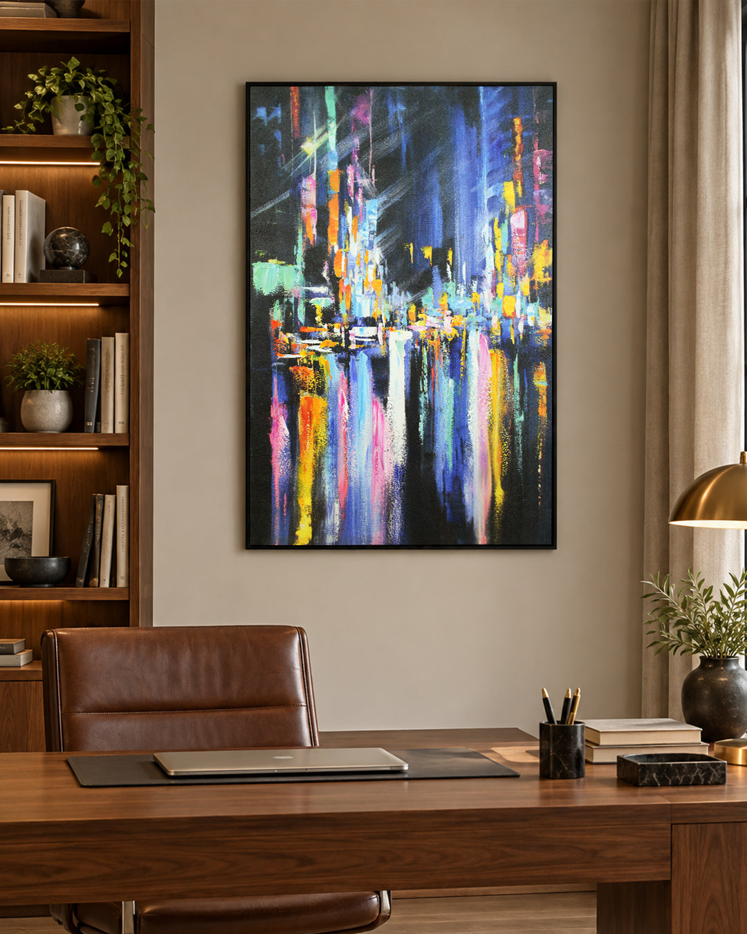 After Hours abstract cityscape painting in a home office above a desk