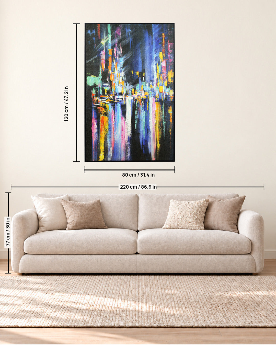 After Hours abstract cityscape painting size guide above a sofa