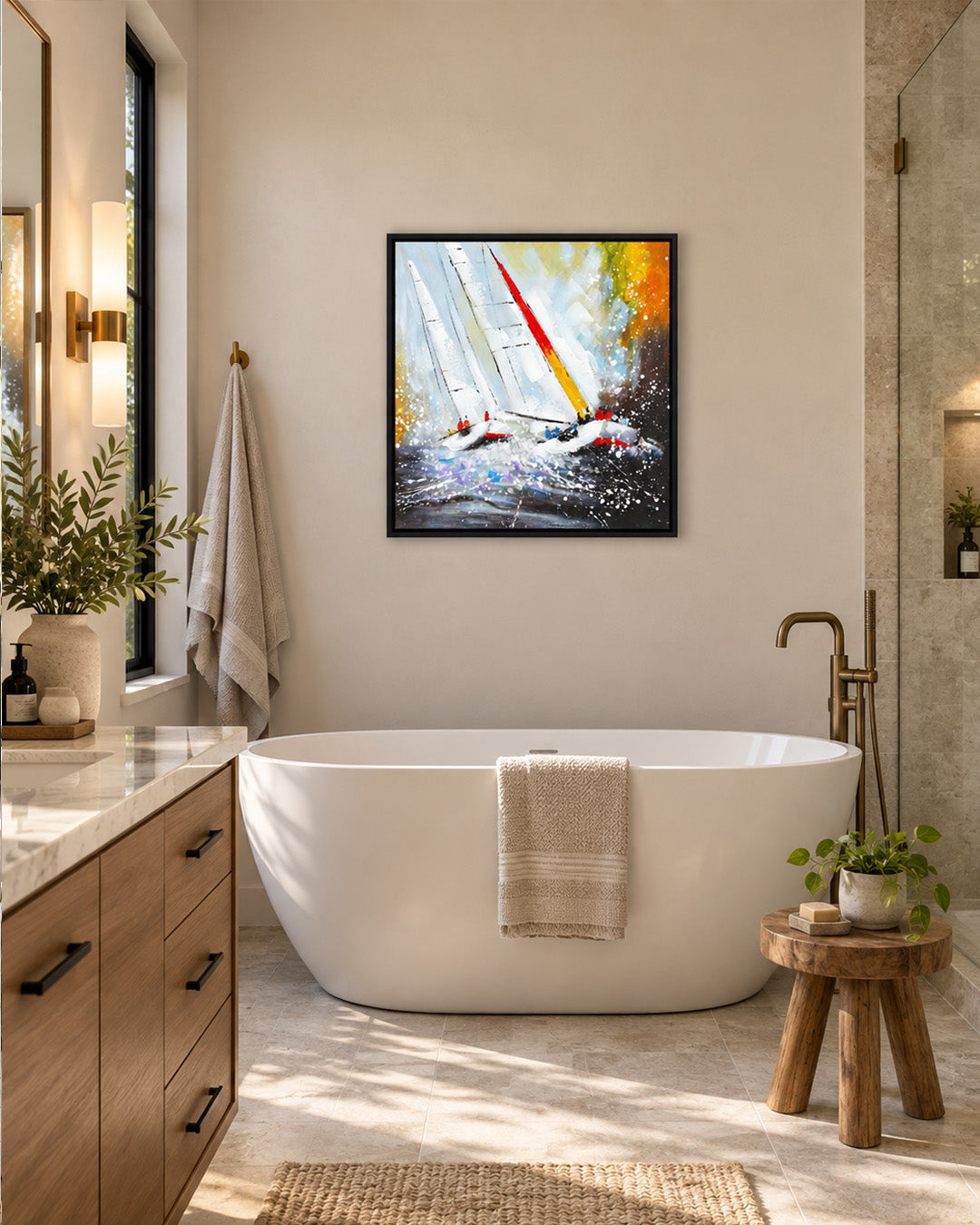 Against the Tide textured sailing painting in a bathroom