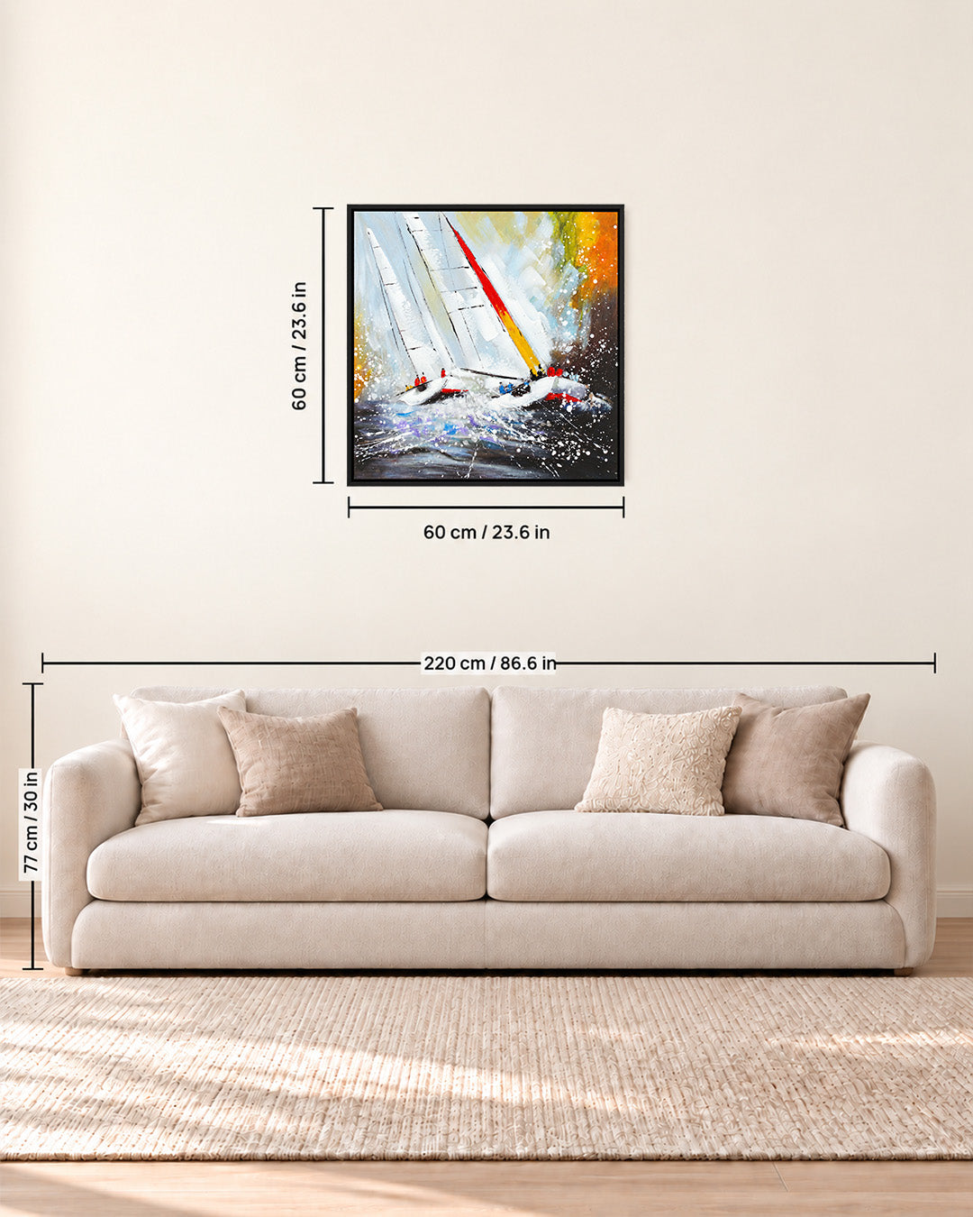 Against the Tide textured sailing painting size guide above a sofa