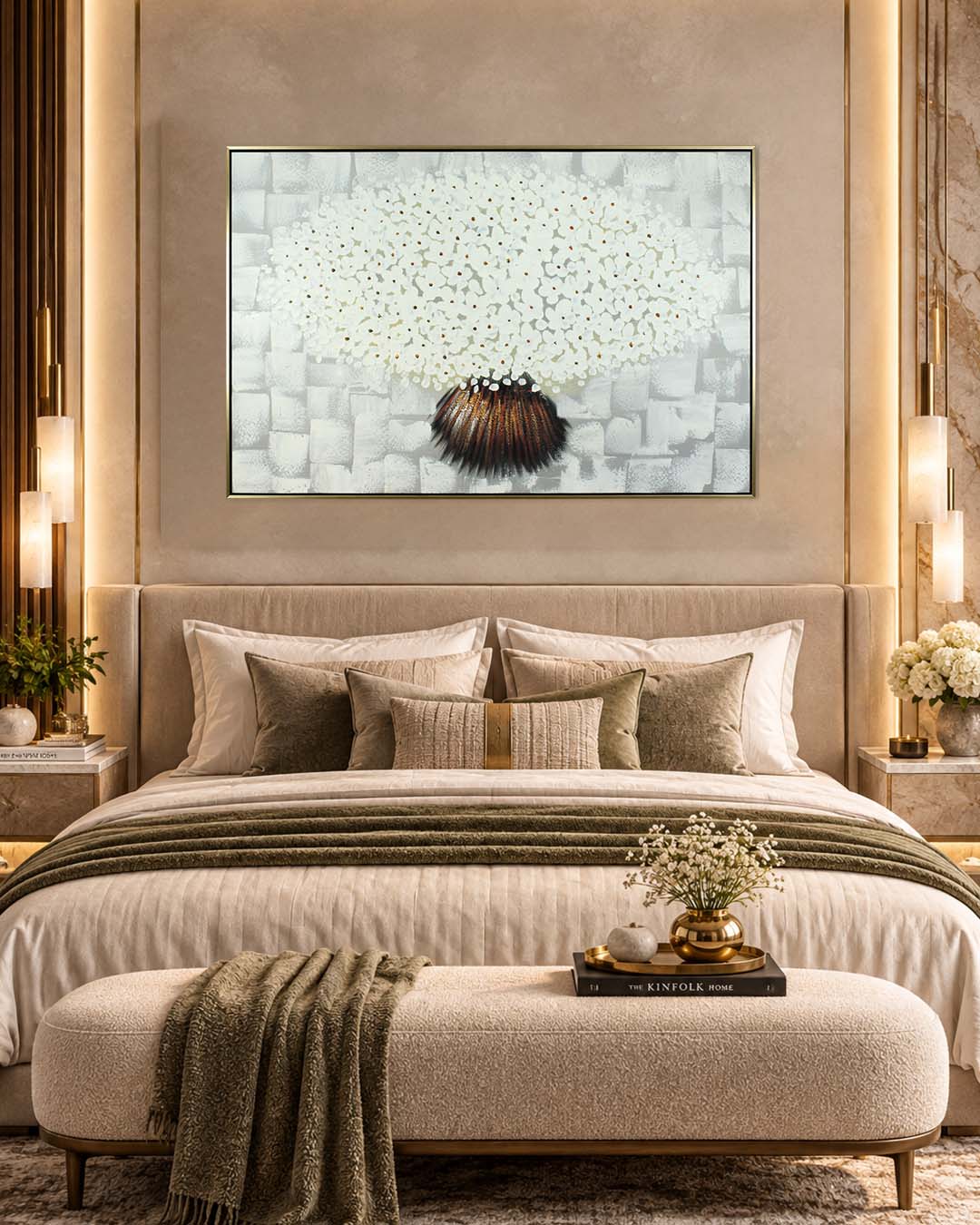 Alabaster White flower painting for bedroom above a bed in a bedroom