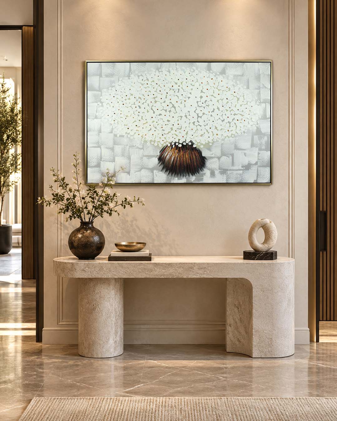 Alabaster White flower painting for bedroom in a hallway