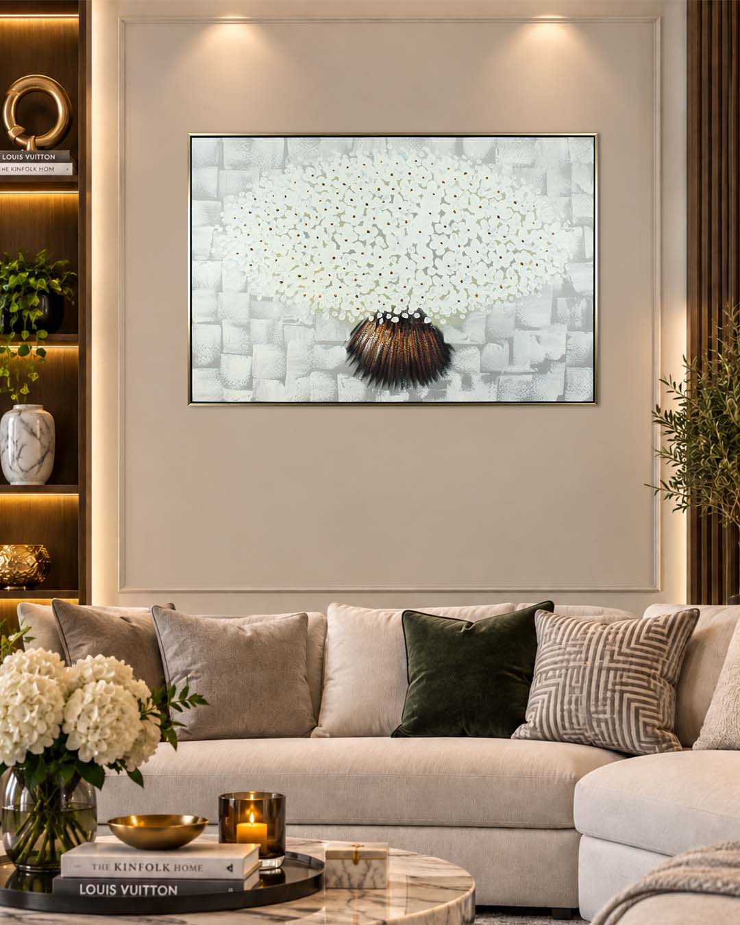 Alabaster White flower painting for bedroom above a sofa in a living room