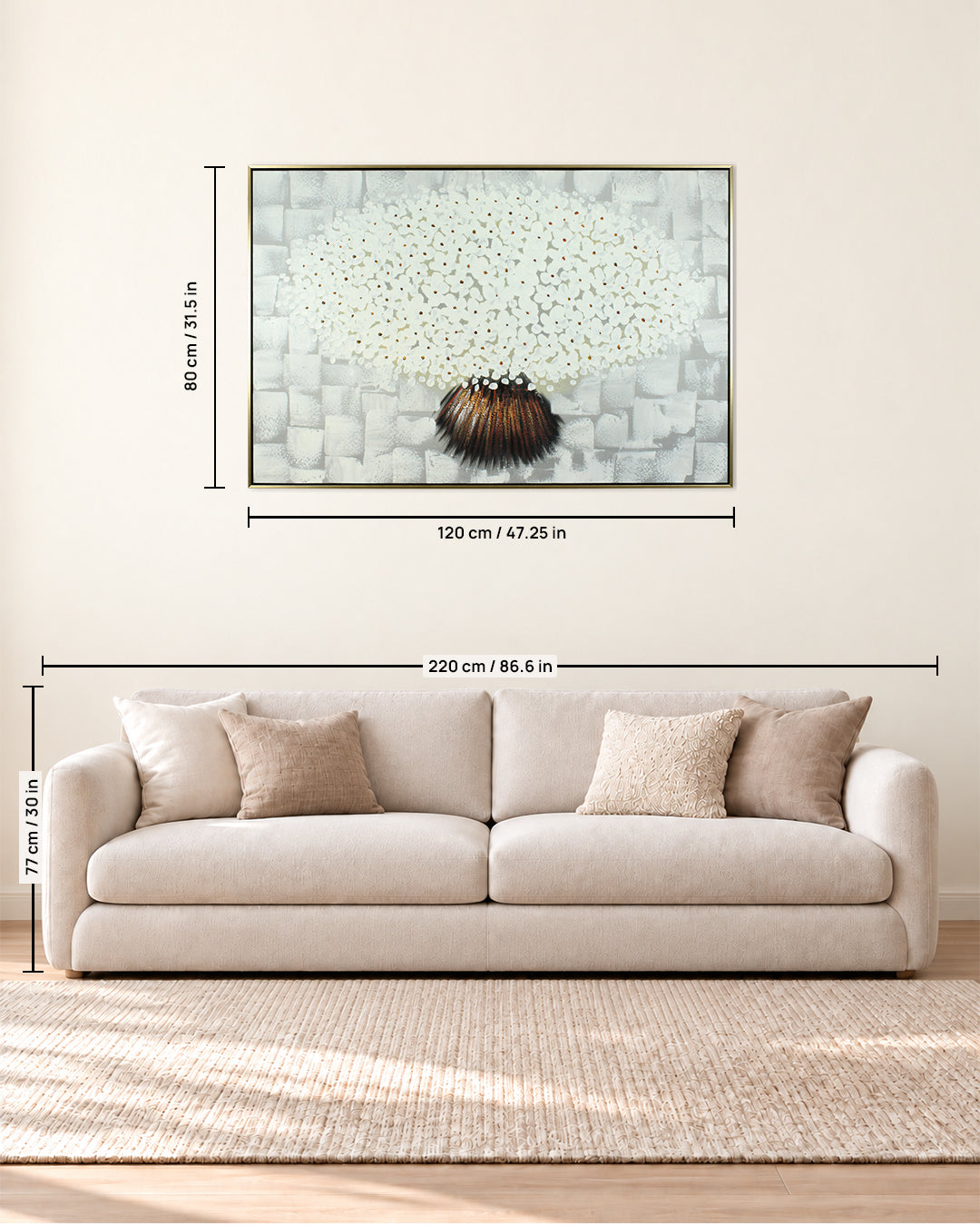 Alabaster White flower painting for bedroom size guide above a sofa