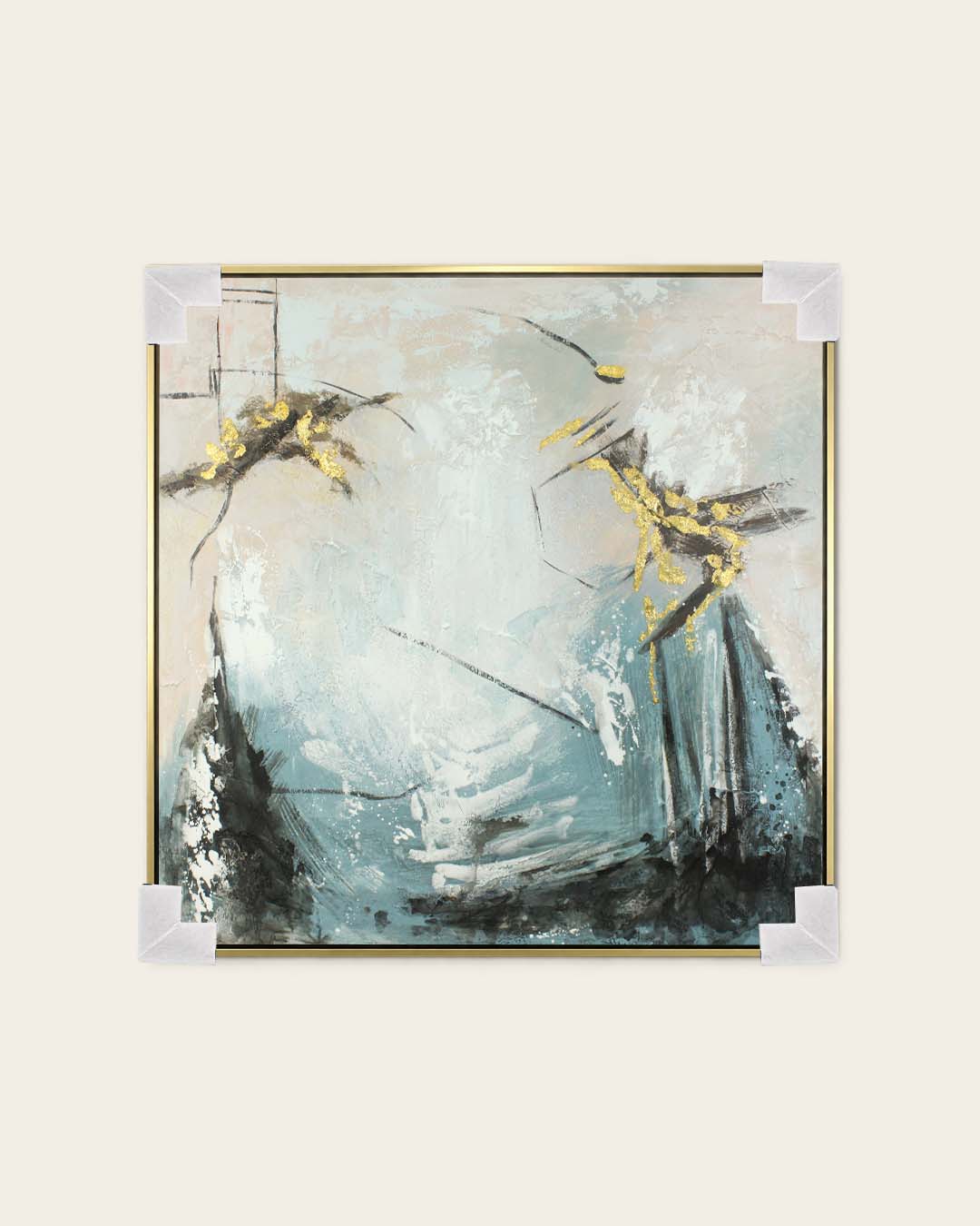 Alchemy teal and gold abstract painting with corner protectors for delivery