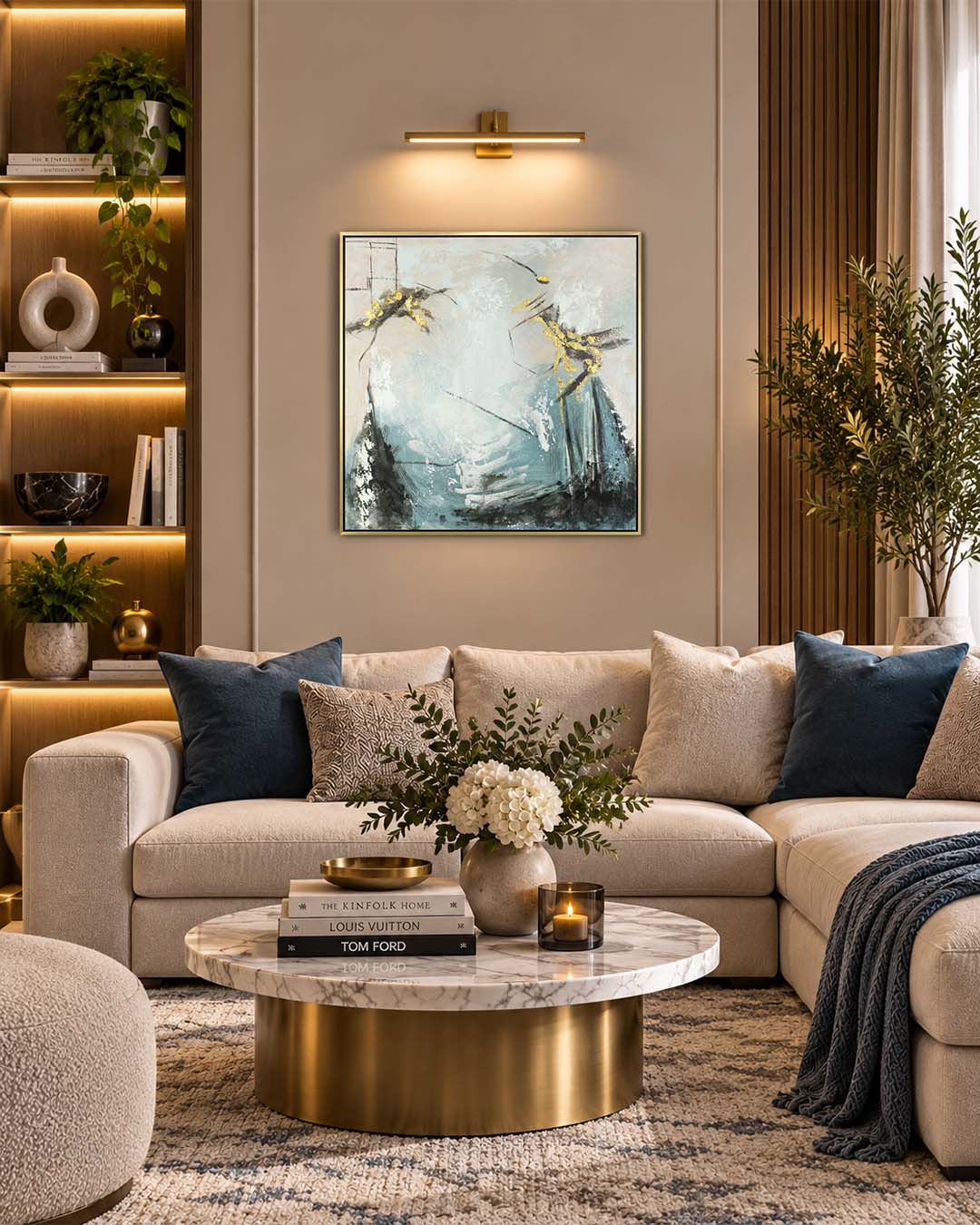 Alchemy teal and gold abstract painting above a sofa in a living room