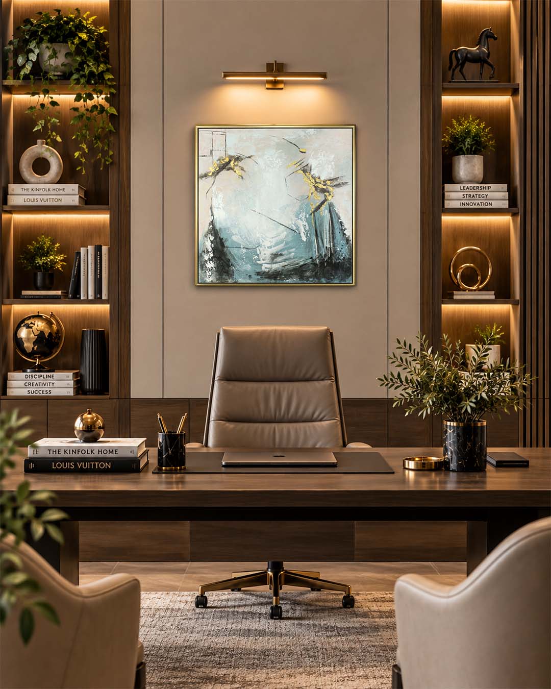 Alchemy teal and gold abstract painting in a home office