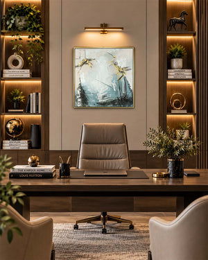 Alchemy teal and gold abstract painting in a home office