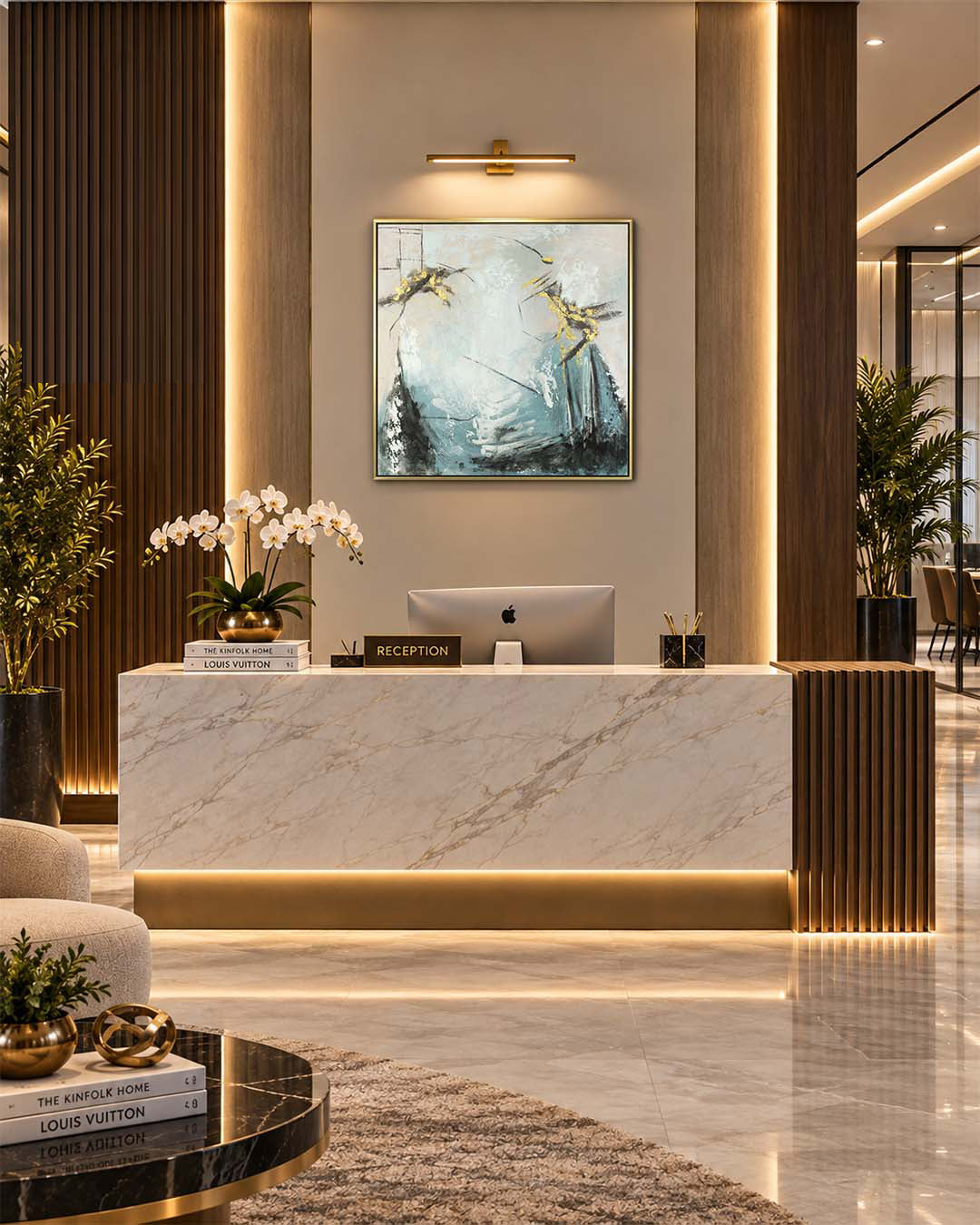 Alchemy teal and gold abstract painting in a hotel reception