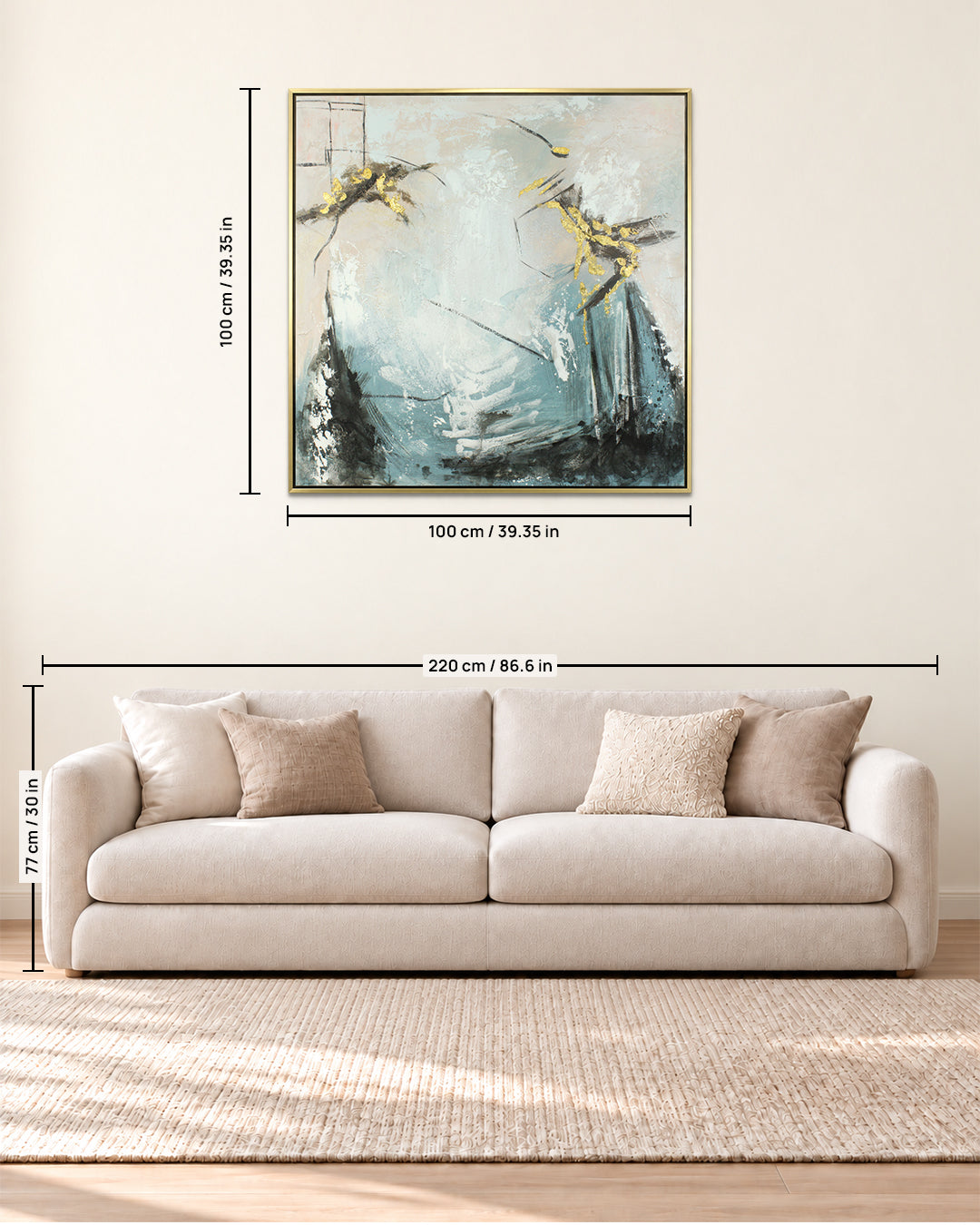 Alchemy teal and gold abstract painting size guide above a sofa
