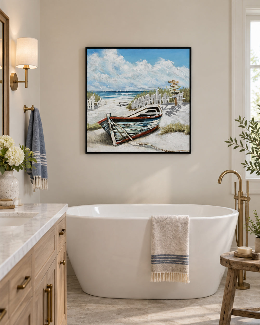 Anchored in Time beached boat painting in a bathroom