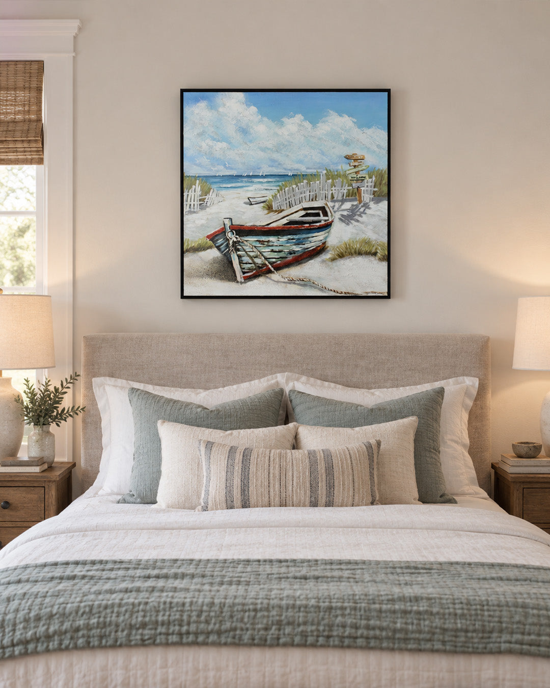 Anchored in Time beached boat painting above a bed in a bedroom