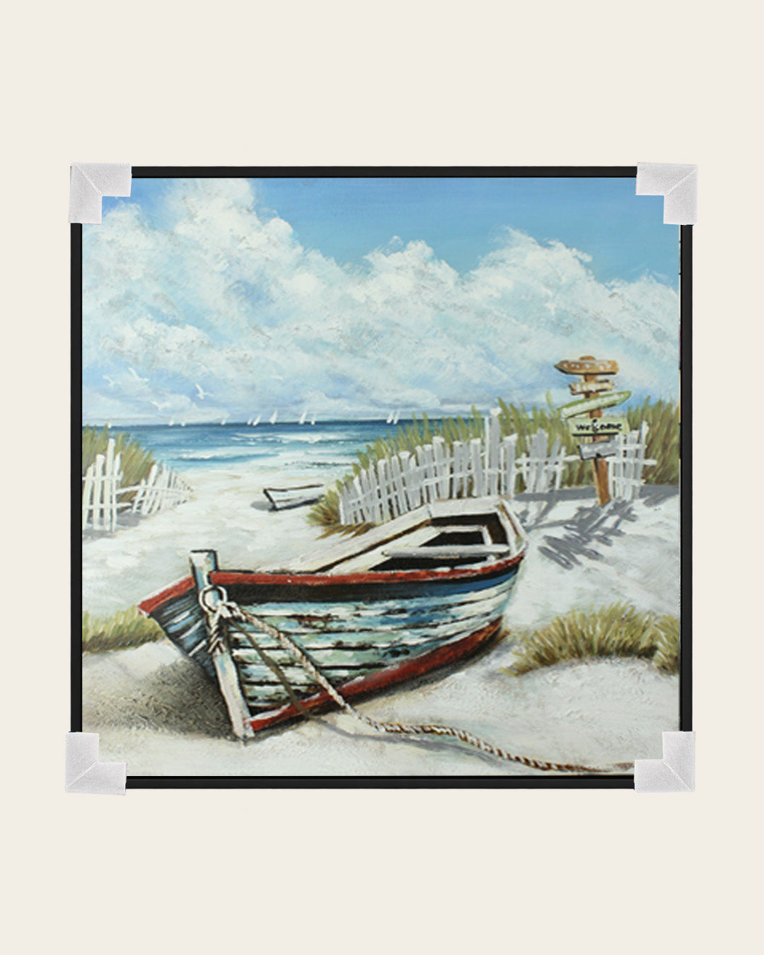 Anchored in Time beached boat painting with corner protectors for delivery