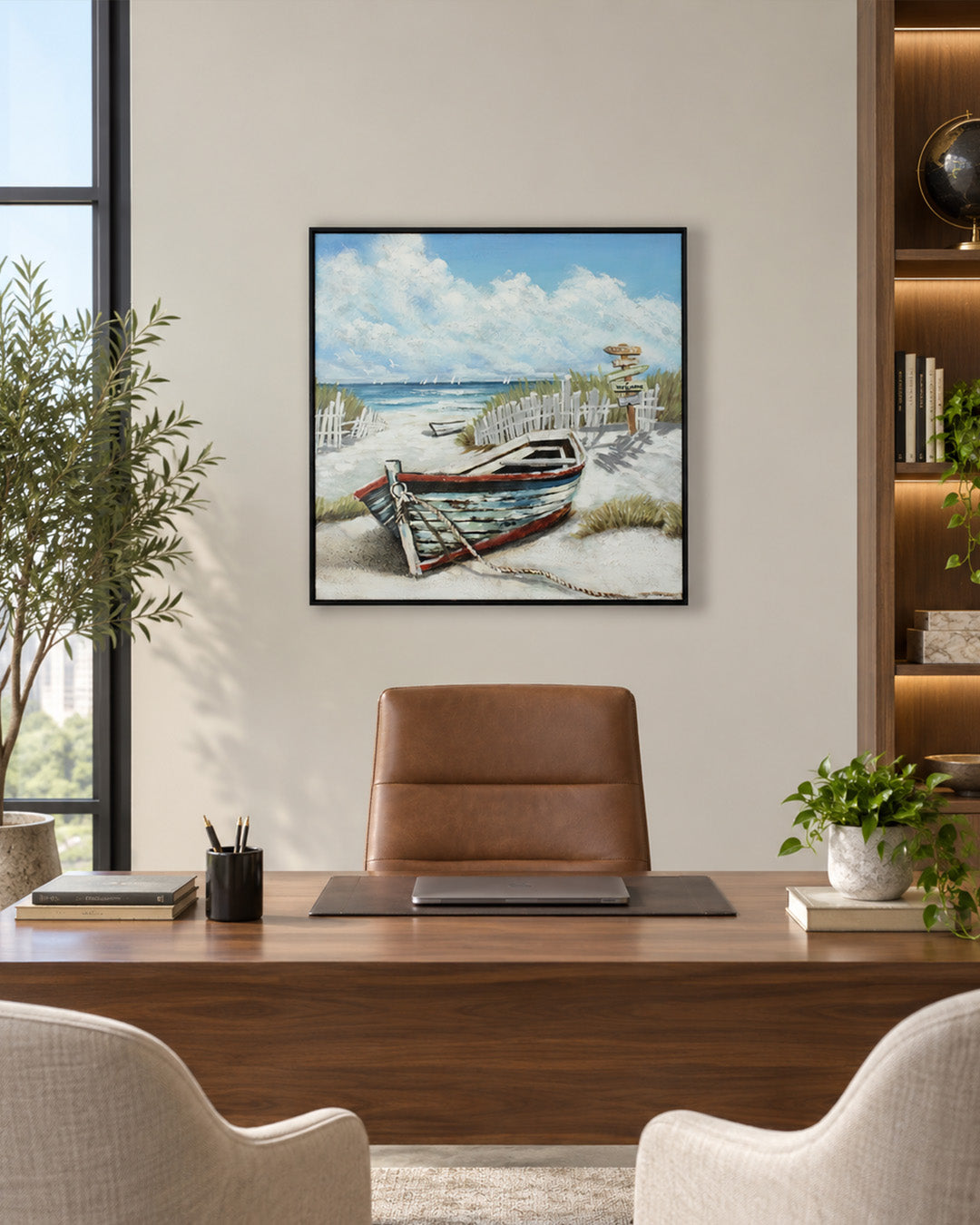 Anchored in Time beached boat painting in a home office