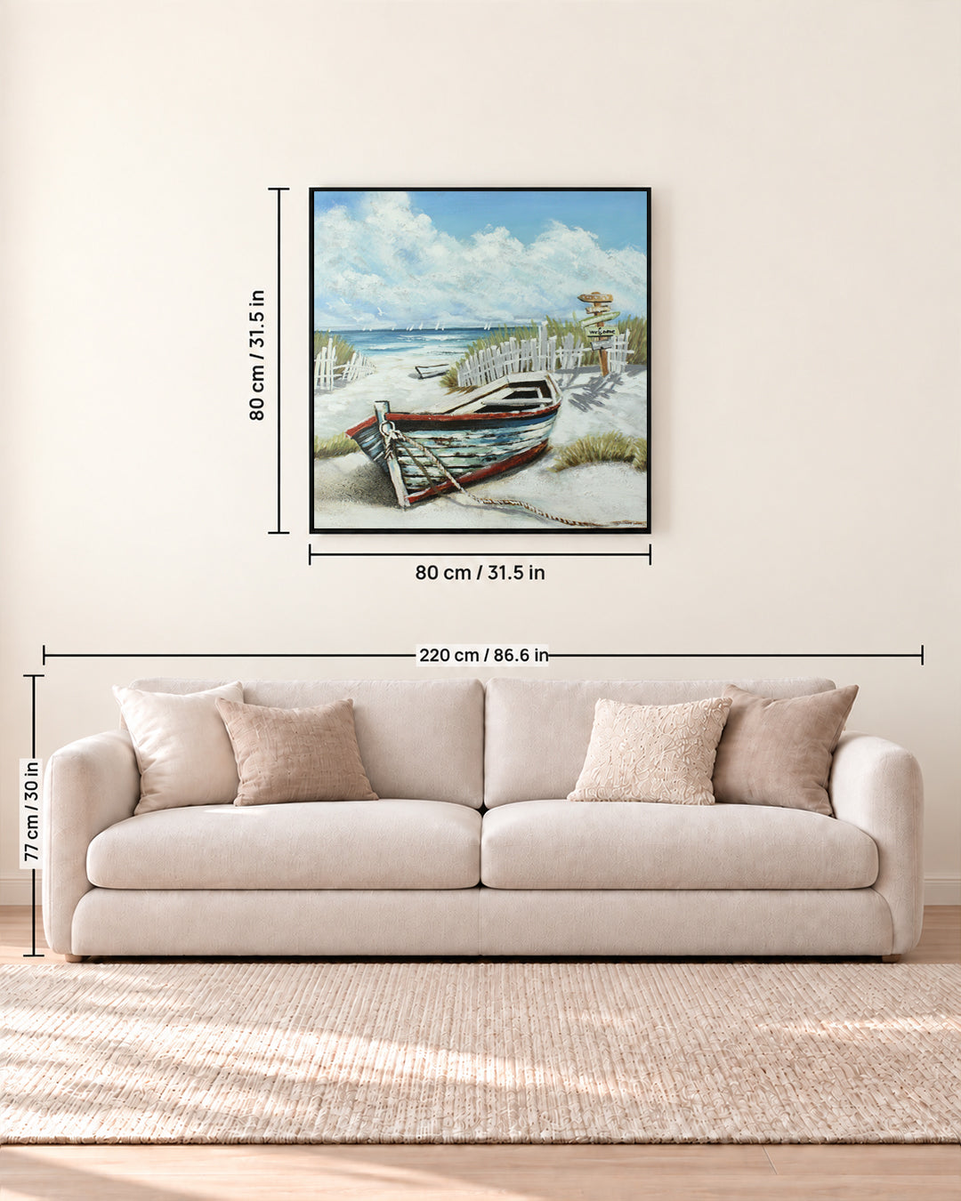 Anchored in Time beached boat painting size guide above a sofa