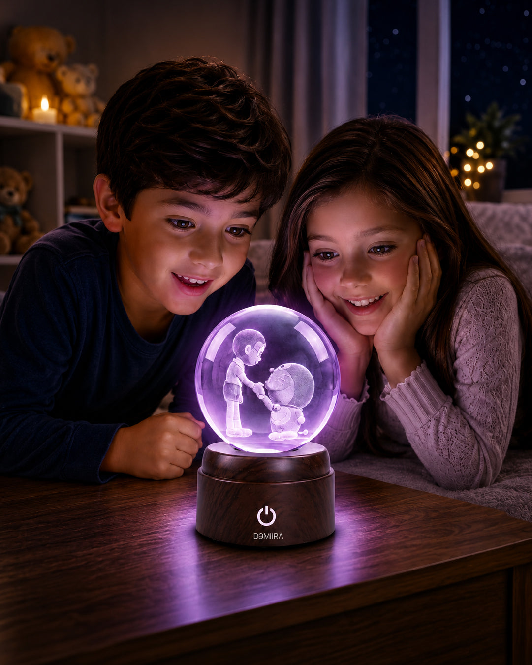Two children admiring the Friends Forever crystal globe