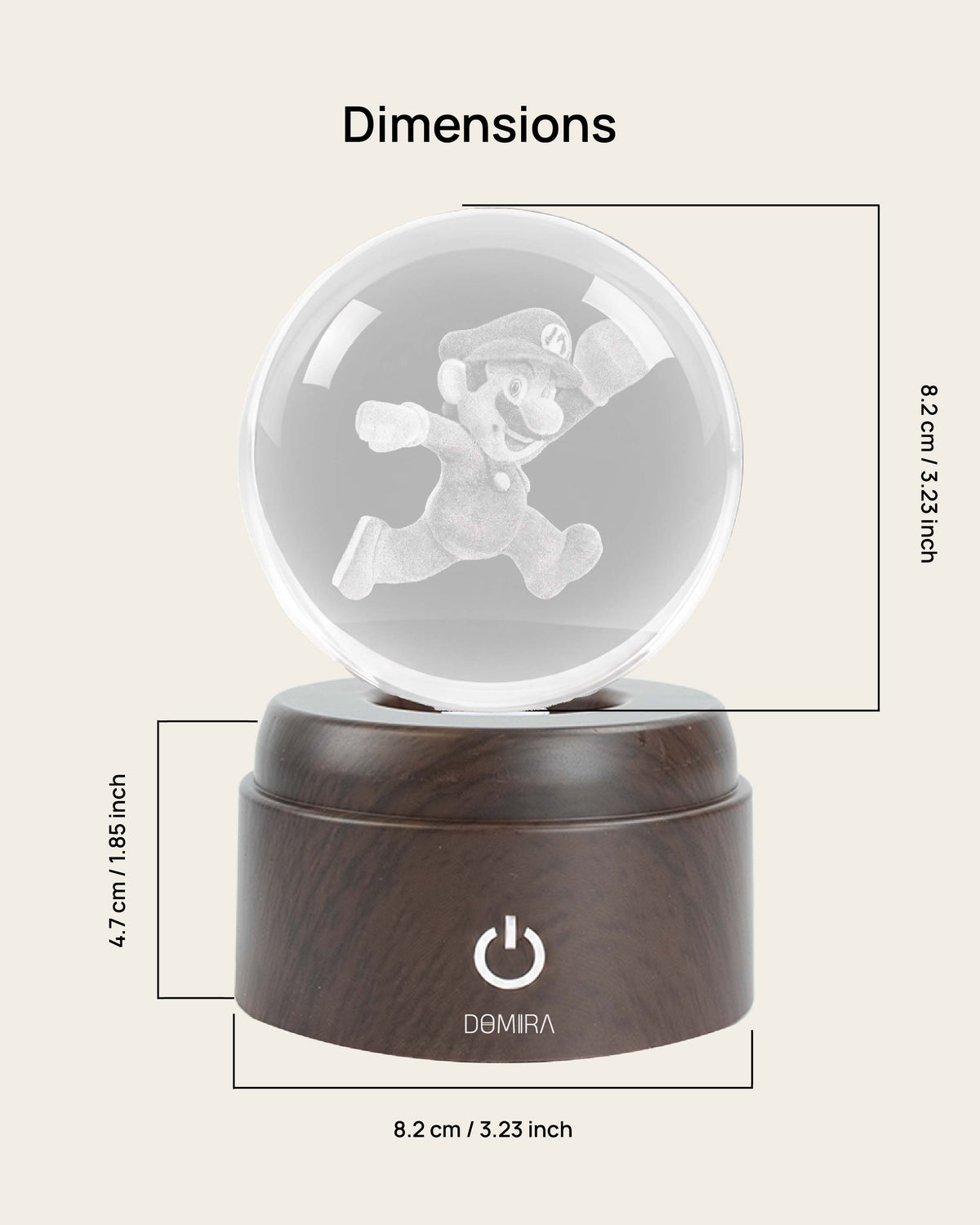 Power Run crystal globe dimensions: 8.2 cm globe on an 8.2 cm wide, 4.7 cm high base