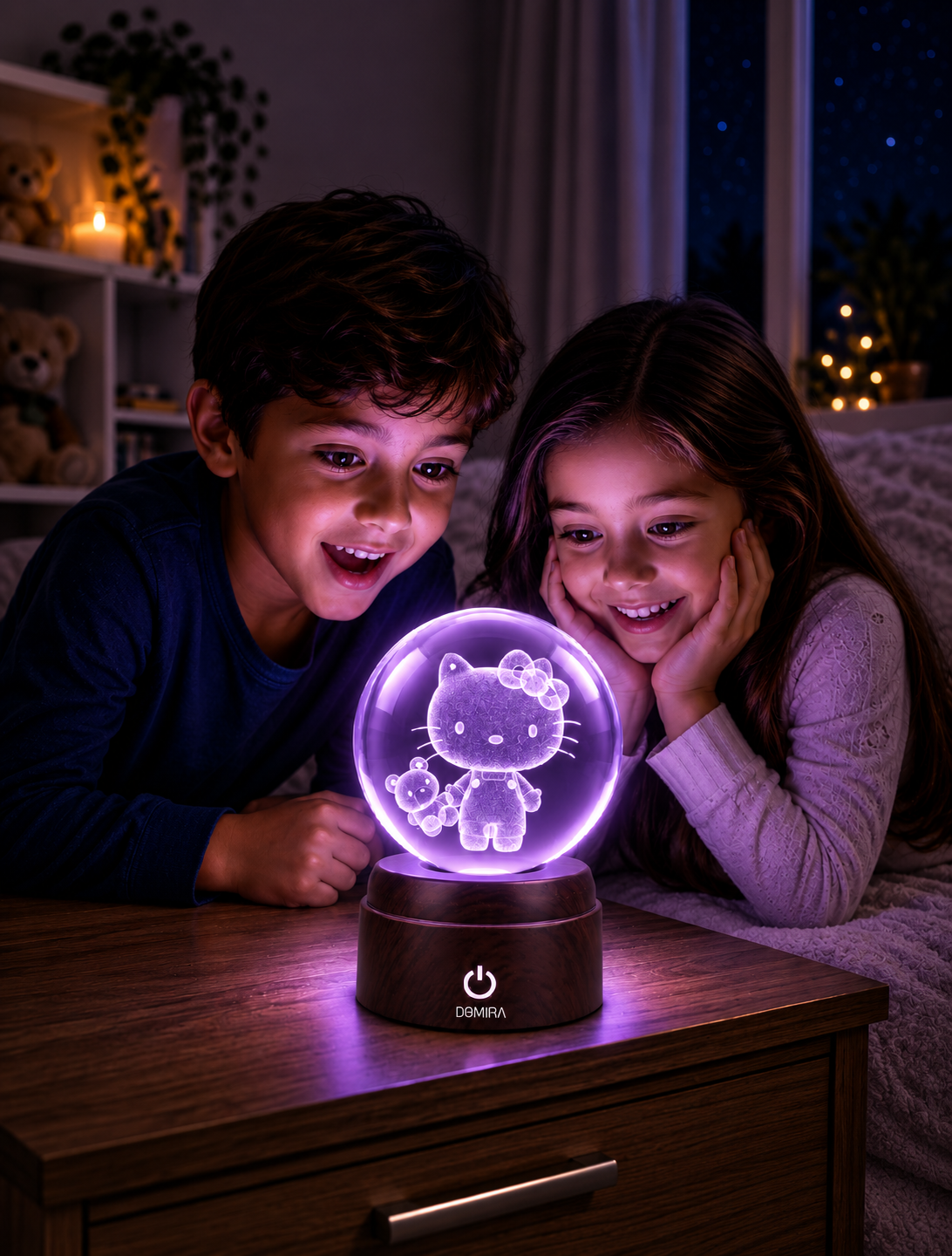 Two children admiring the Sweet Adventure crystal globe