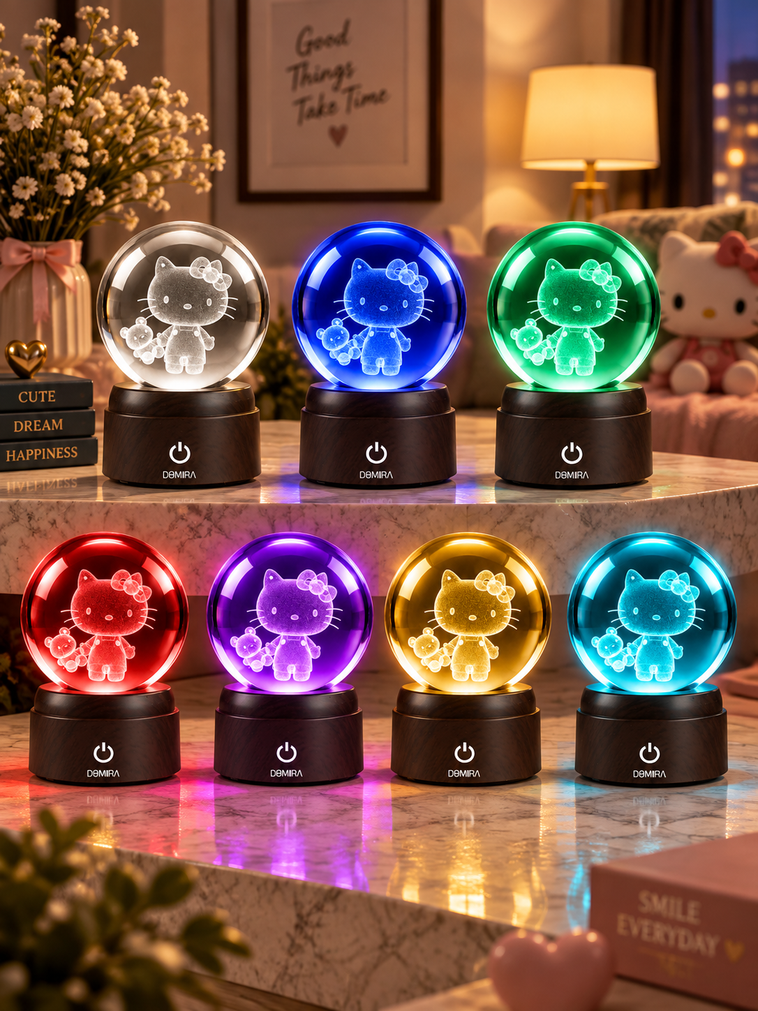 Sweet Adventure crystal globe shown in seven LED colours