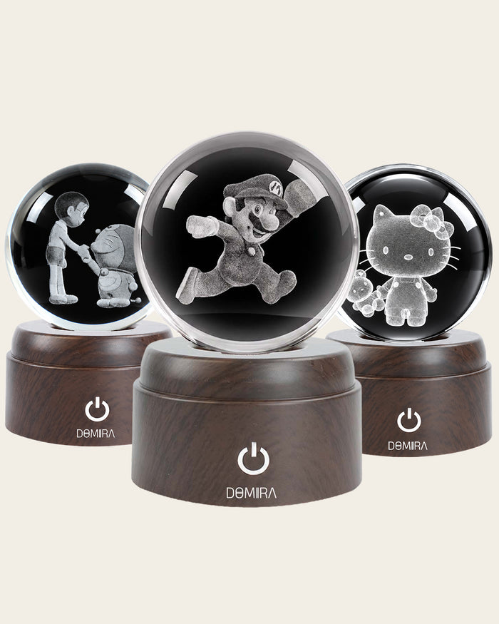 Animated character crystal ball rotating globes on wooden LED bases