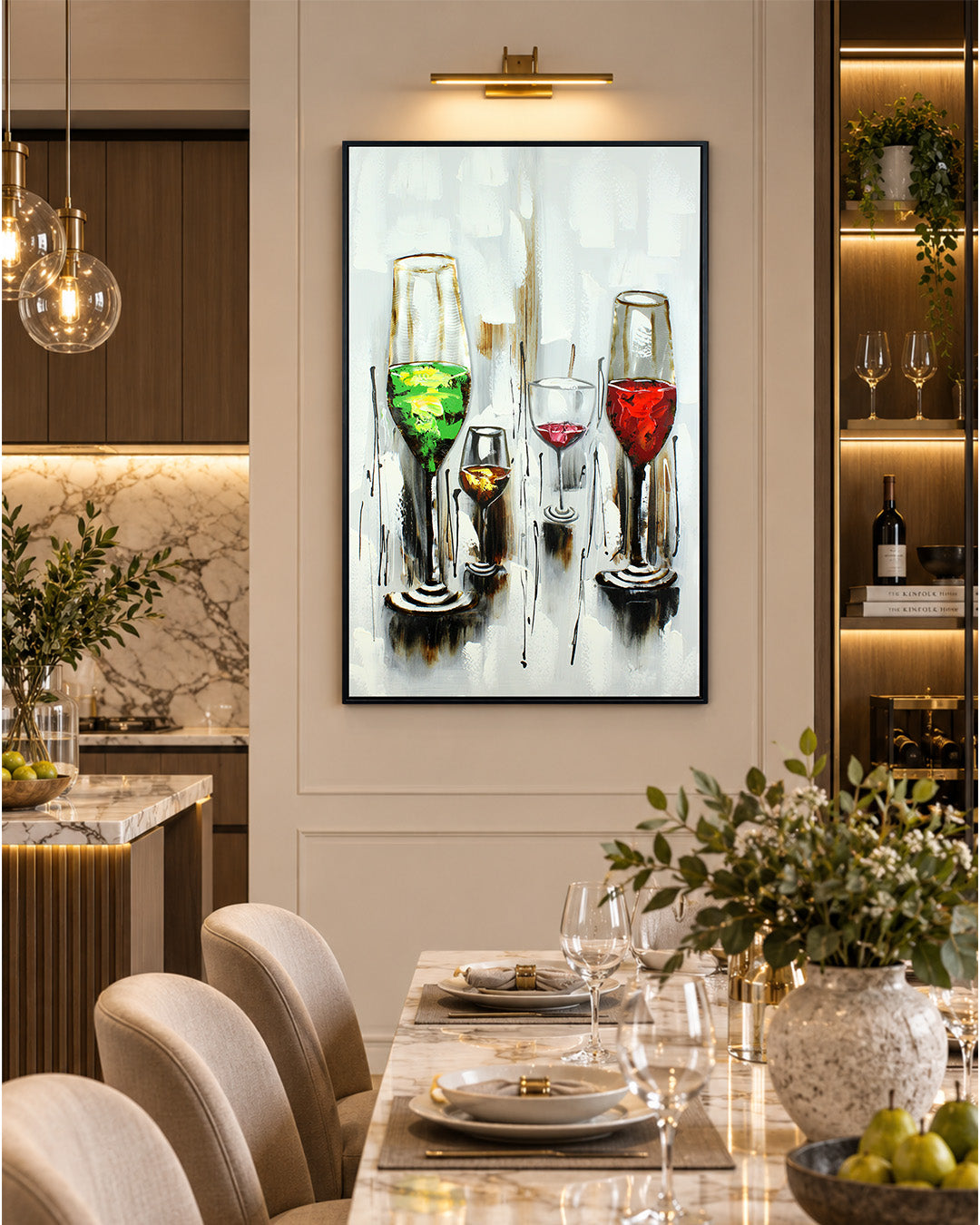 Aperitivo wine glass wood and metal wall art in a dining room