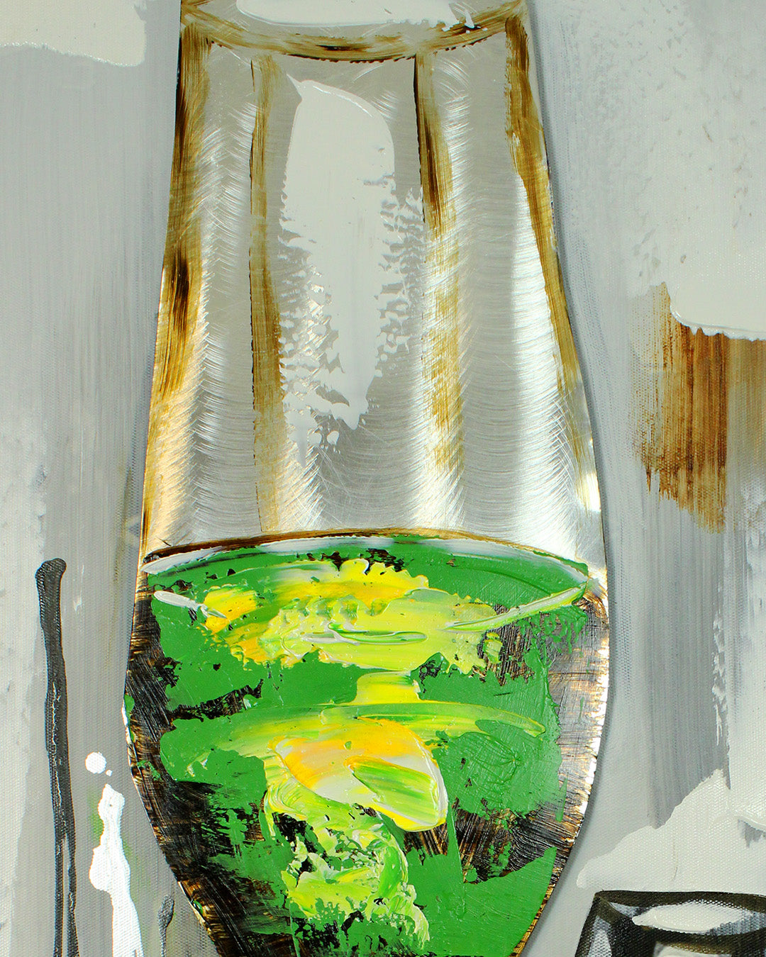 Aperitivo wine glass wood and metal wall art close-up of the green wine glass