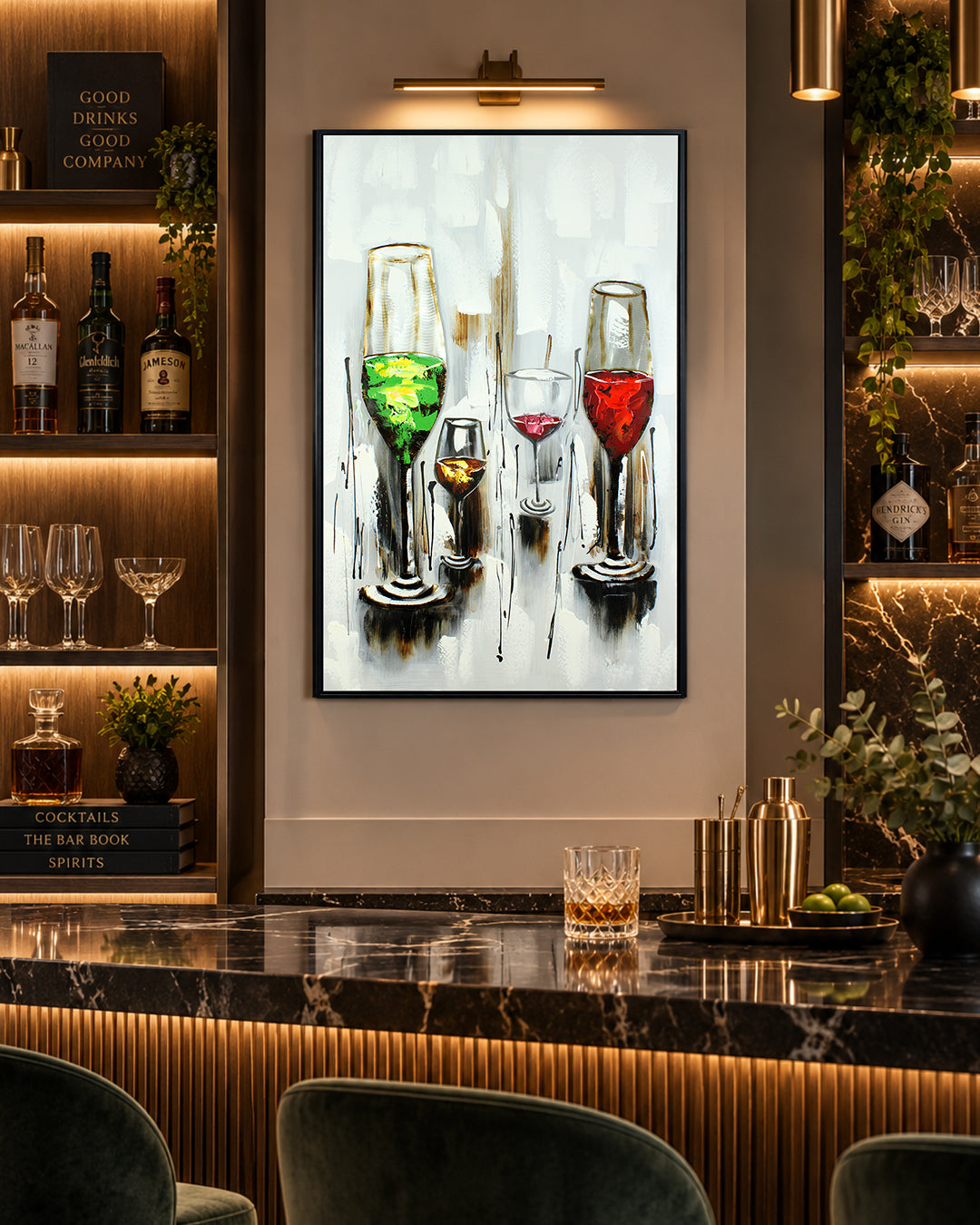 Aperitivo wine glass wood and metal wall art in a home bar