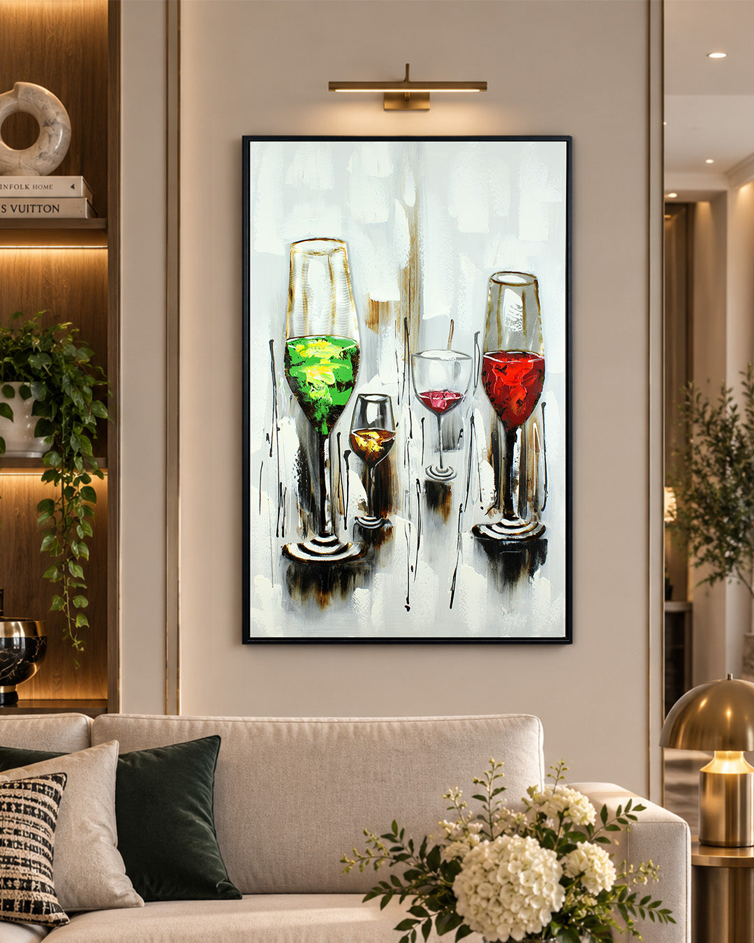 Aperitivo wine glass wood and metal wall art in a living room