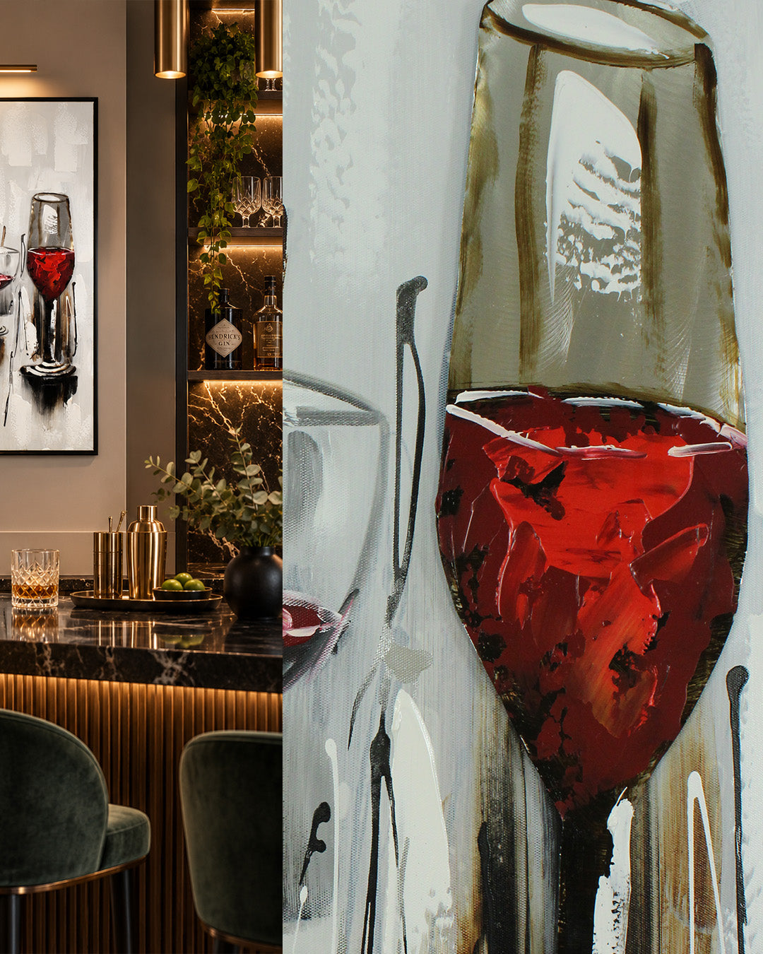 Aperitivo wine glass wood and metal wall art close-up of the red wine glass