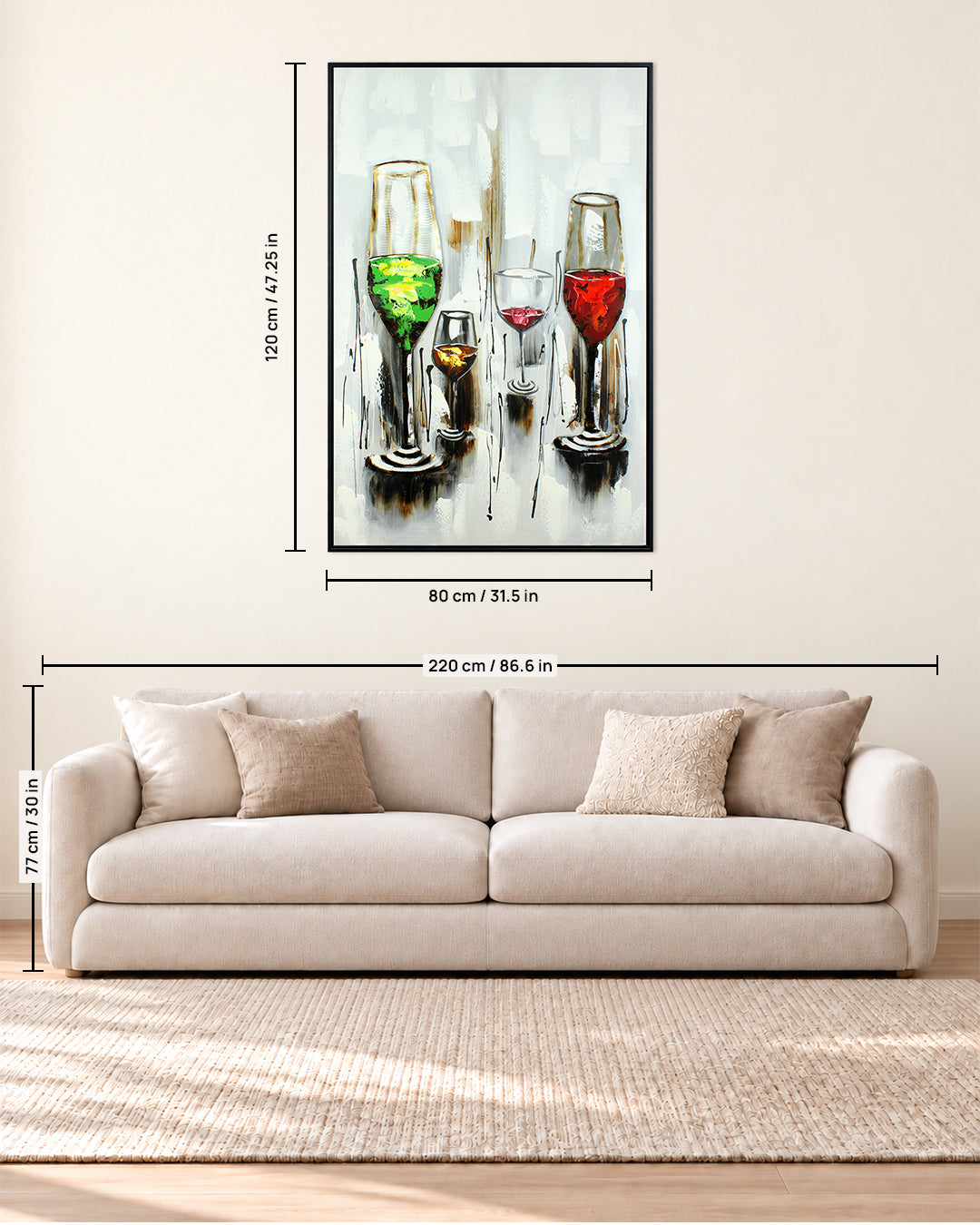 Aperitivo wine glass wood and metal wall art size guide above a sofa