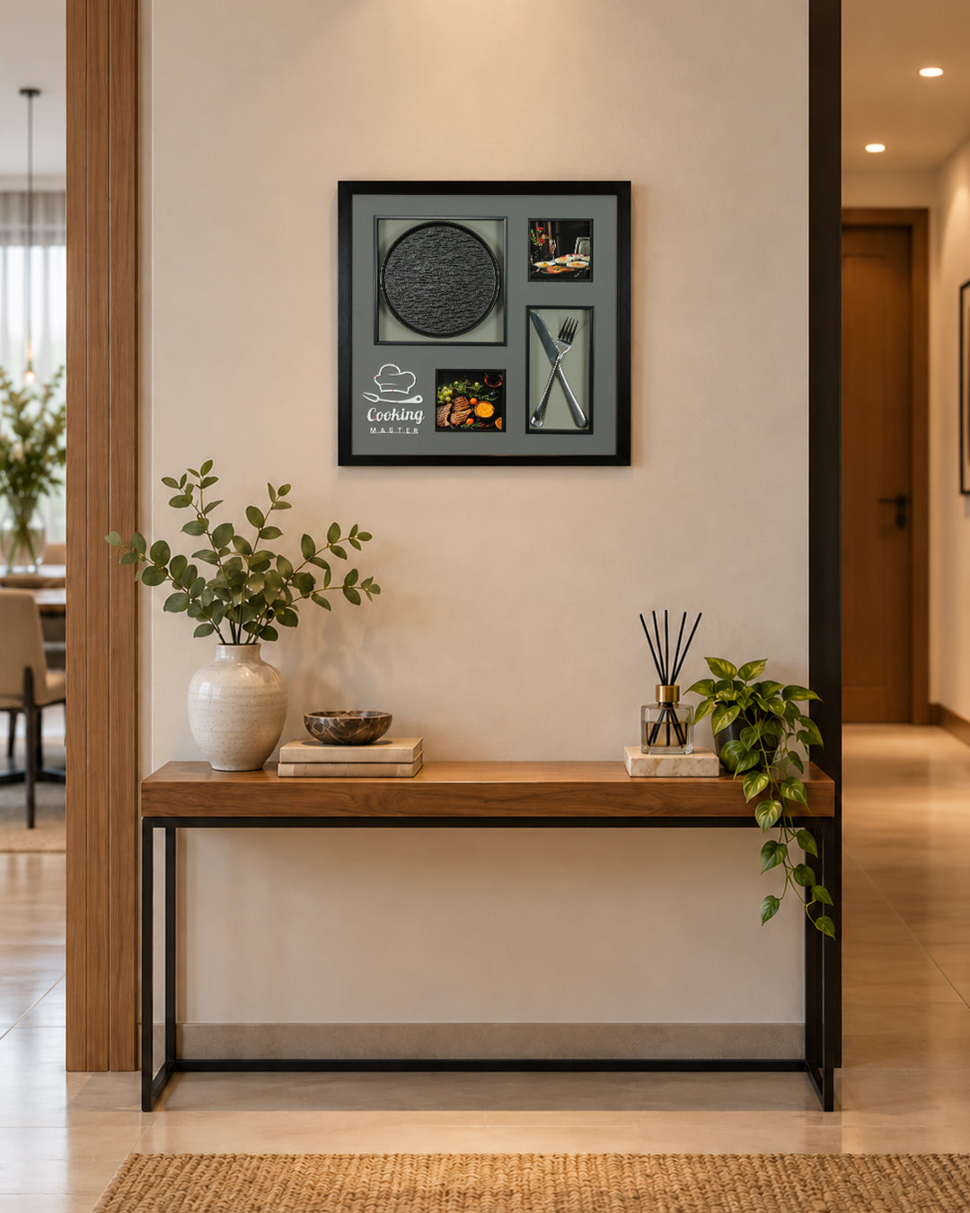 Before the First Course cutlery 3D shadow box wall art above a console table