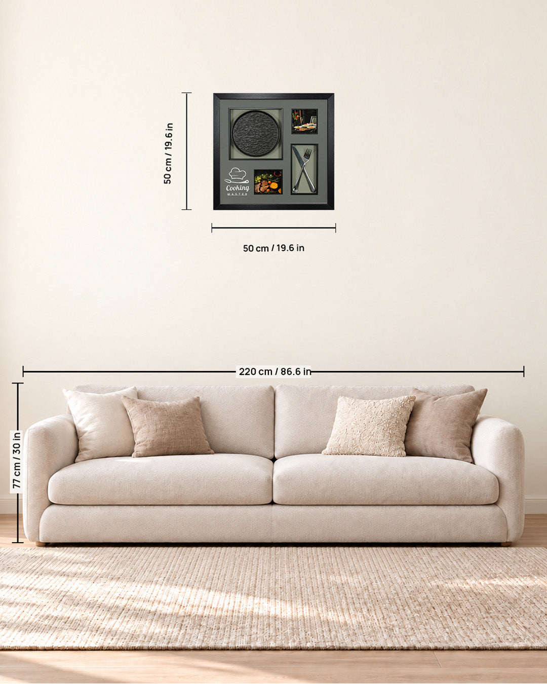 Before the First Course cutlery 3D shadow box wall art size guide above a sofa