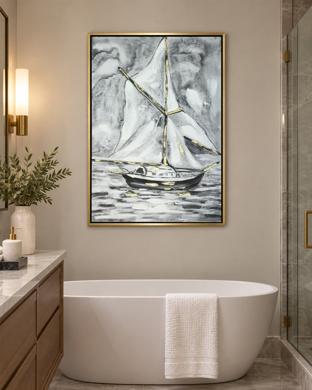 Between Sea & Sky black and white sailboat painting in a bathroom