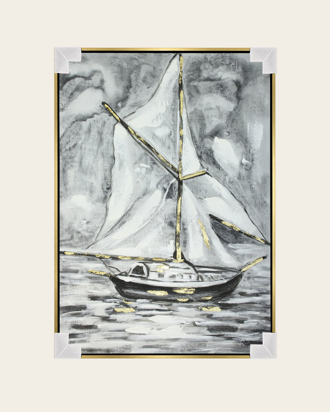 Between Sea & Sky black and white sailboat painting with corner protectors for delivery