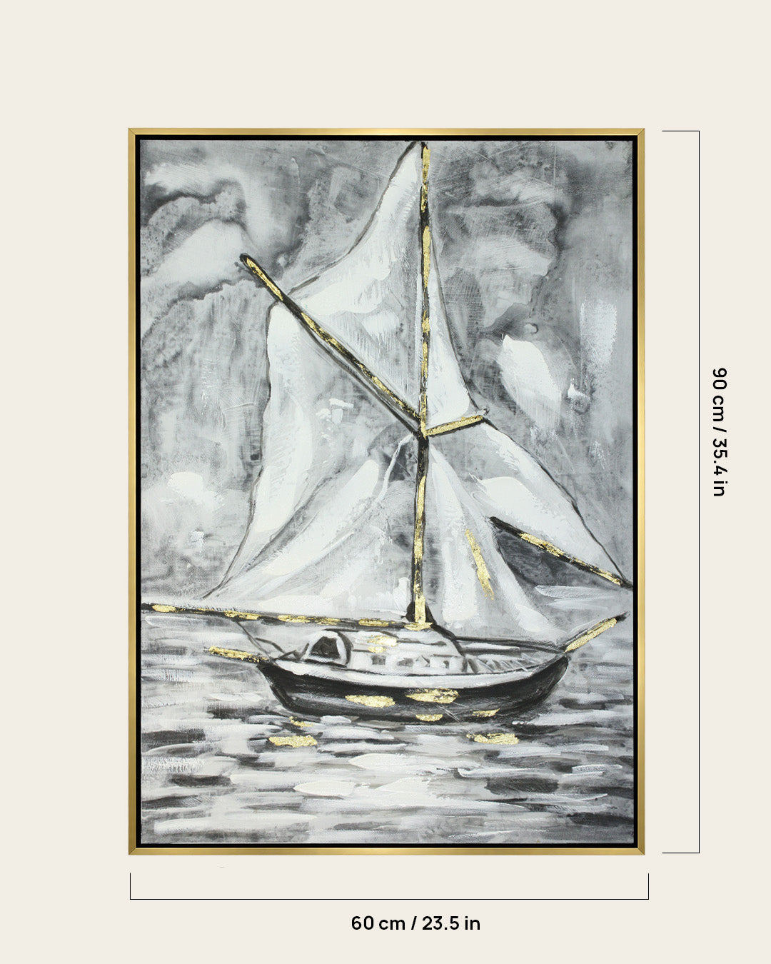 Between Sea & Sky black and white sailboat painting with dimensions