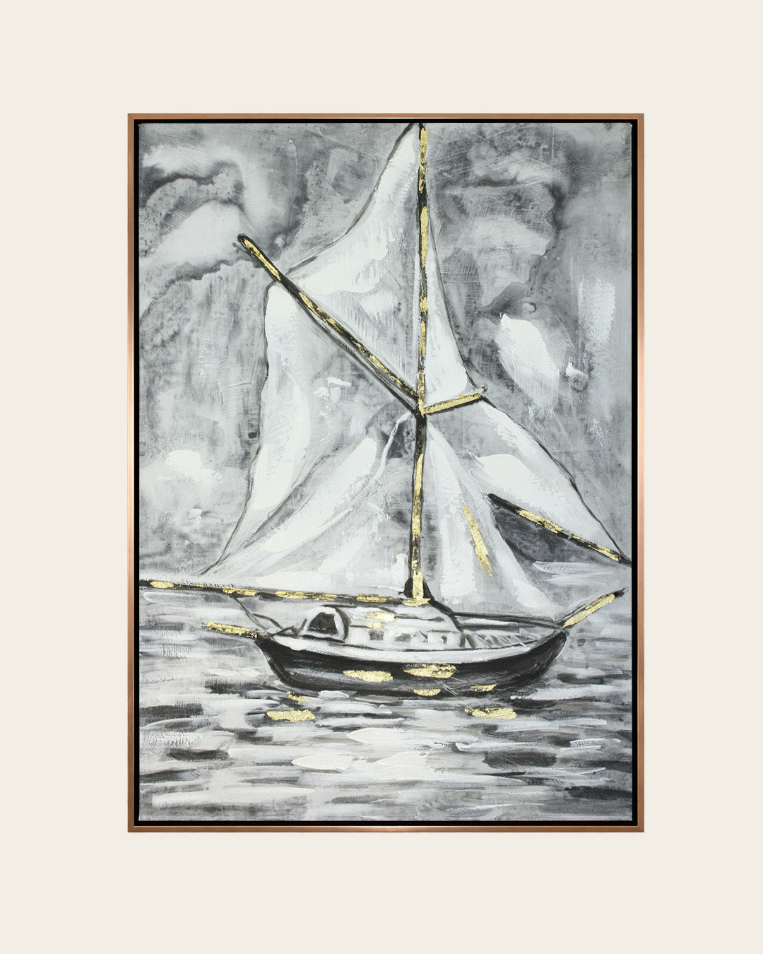 Between Sea & Sky black and white sailboat painting in a rose gold frame