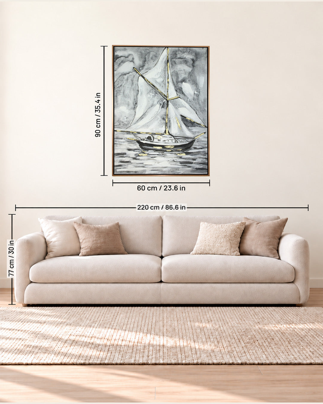 Between Sea & Sky black and white sailboat painting size guide above a sofa